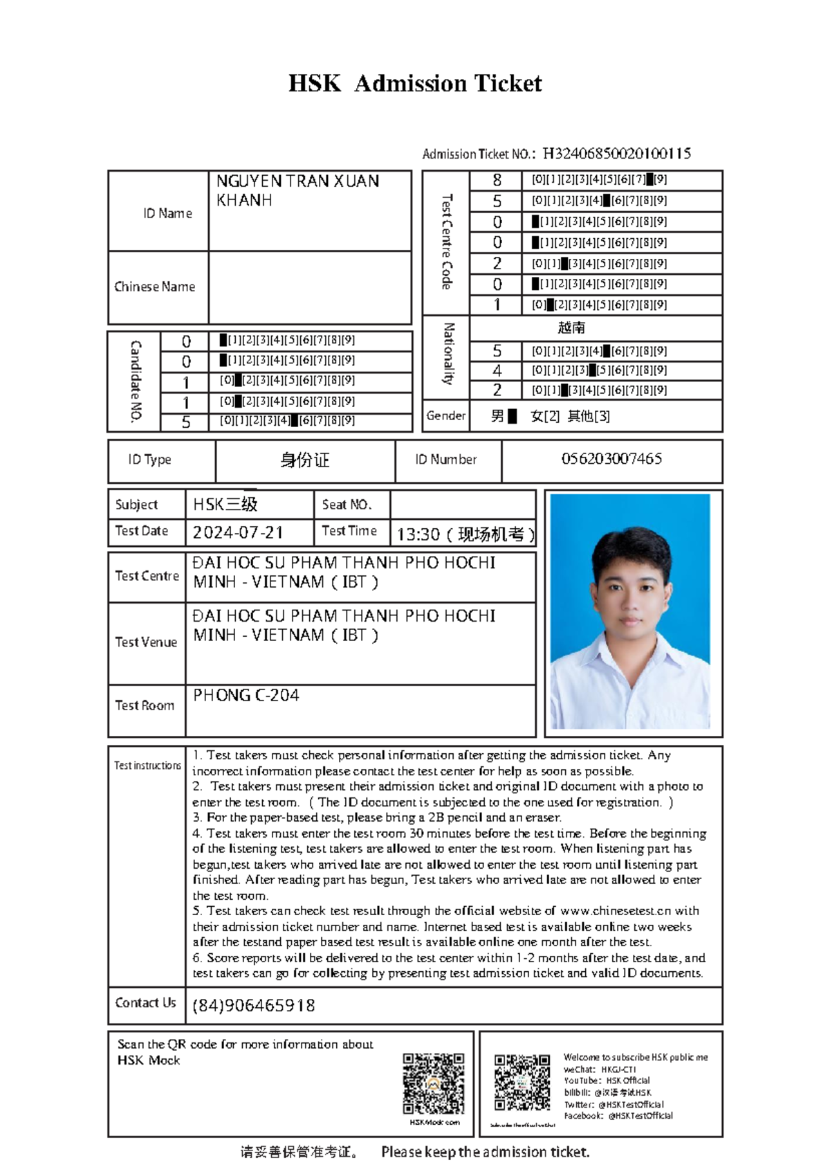 HSK3 - Admission Ticket Guidelines and Test Instructions - Studocu