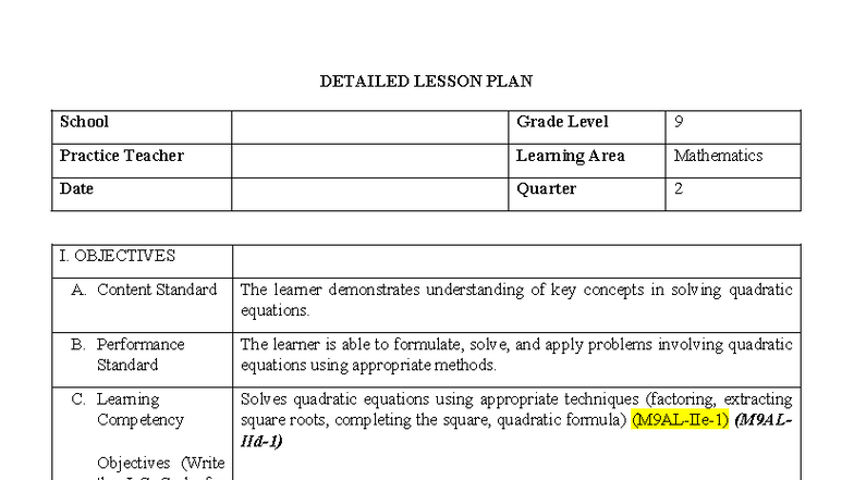 DLP: Grade 9 Mathematics Lesson Plan on Solving Quadratic Equations ...