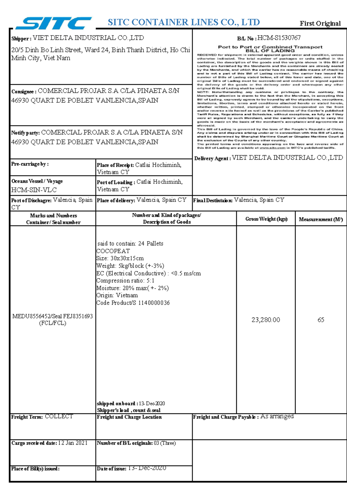 BILL OF LADING - SITC Container Lines Co., Ltd - HCM-S to VLC - Studocu