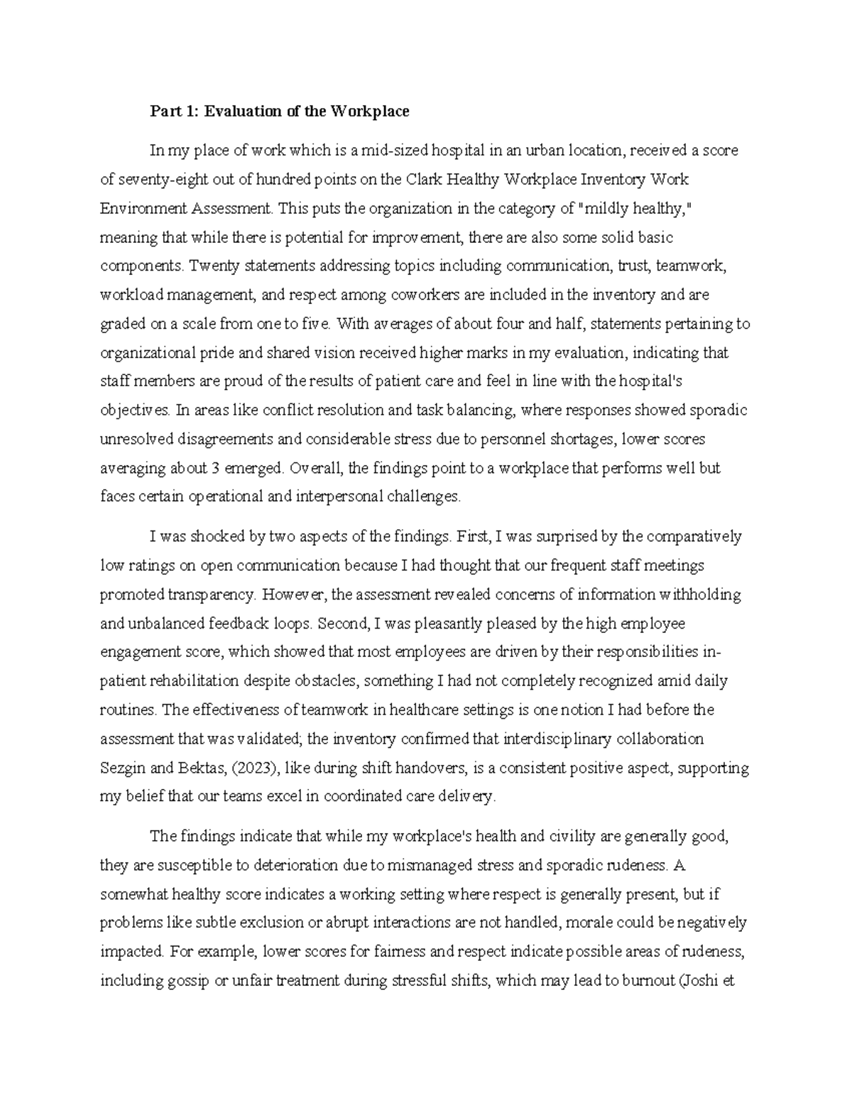 Workplace Environment Assessment - Part 1 & 2 Analysis - Studocu