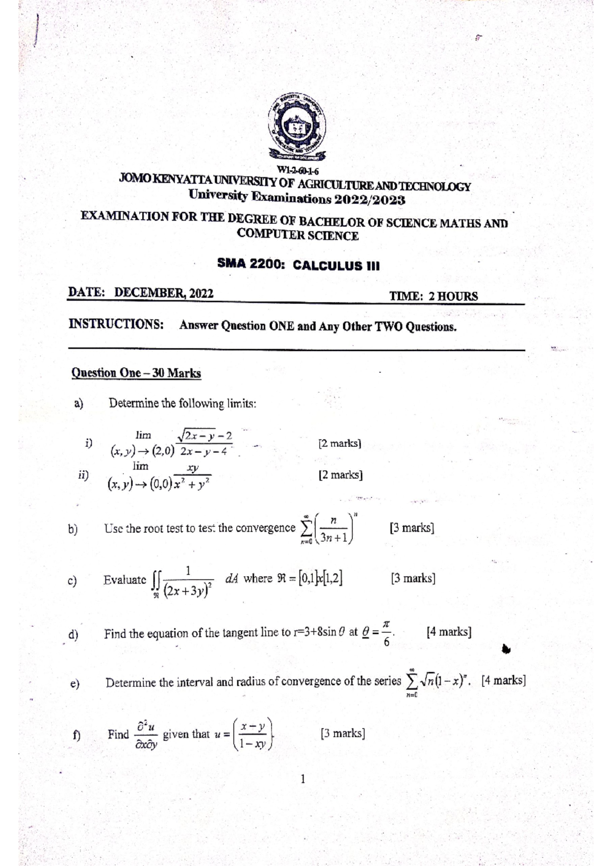 SMA 2200: Calculus 111 Past Exam Paper - December 2022 - Studocu