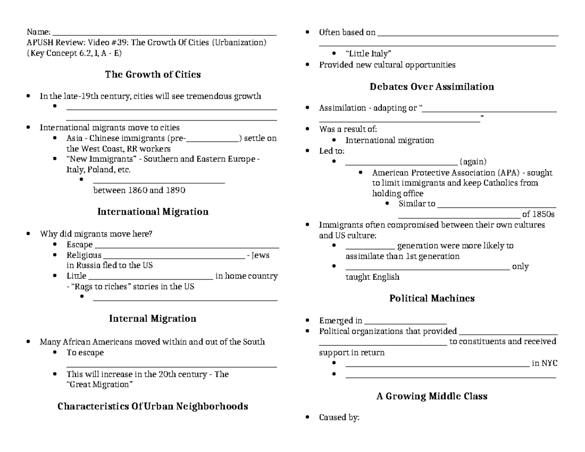 APUSH Review: Video #39 - Urbanization & Growth of Cities (Key Concept ...
