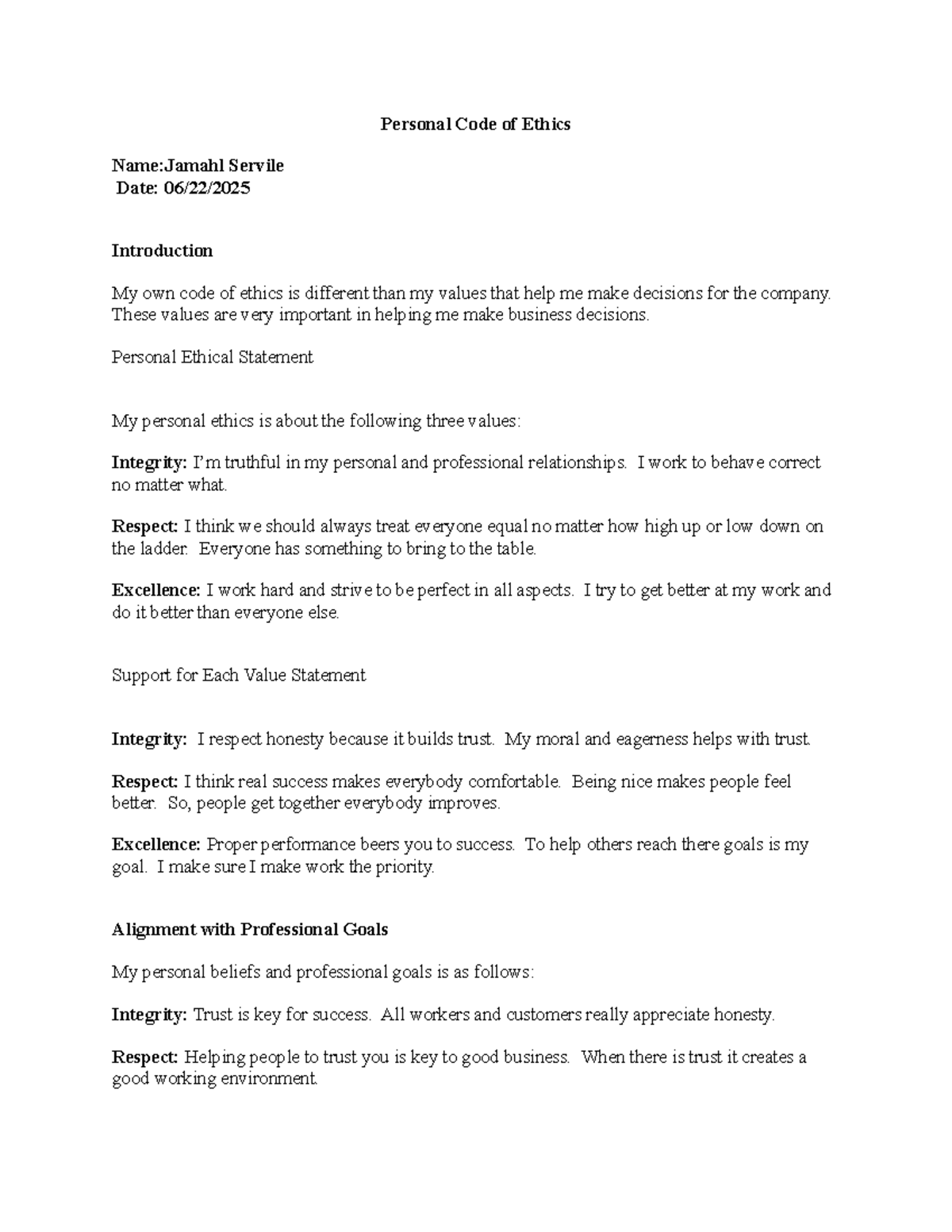 Business Ethics Touchstone 4: Personal Code of Ethics by Jamahl Servile ...