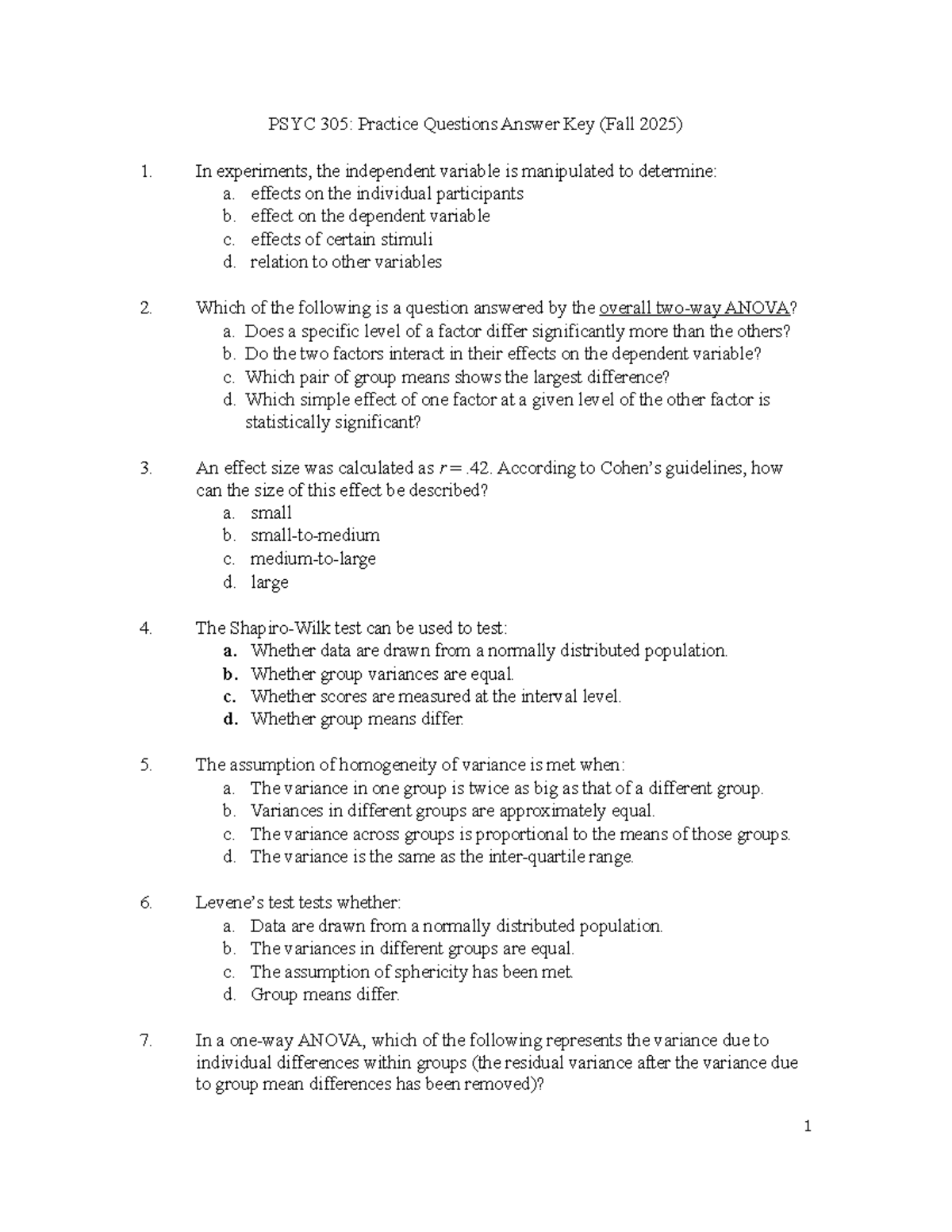 PSYC 305: Midterm 1 Practice Questions Answer Key (Fall 2025) - Studocu