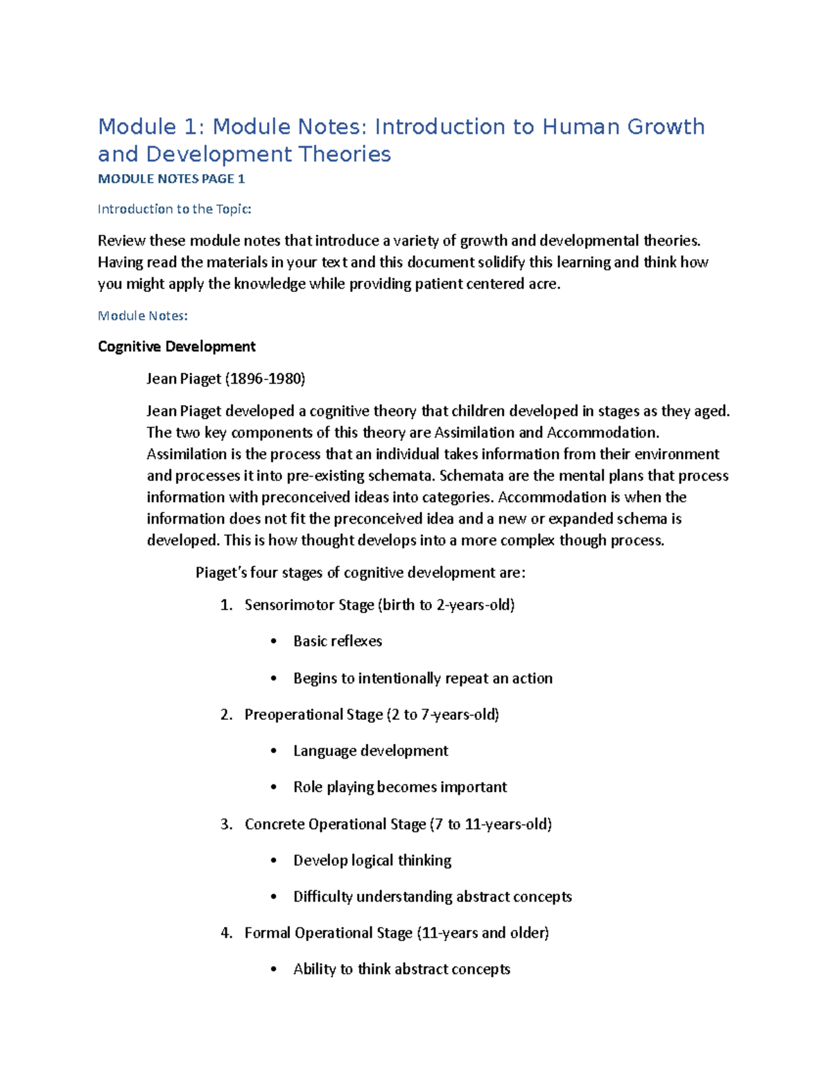 NUR109 Module 1 Notes: Overview of Growth and Development Theories ...