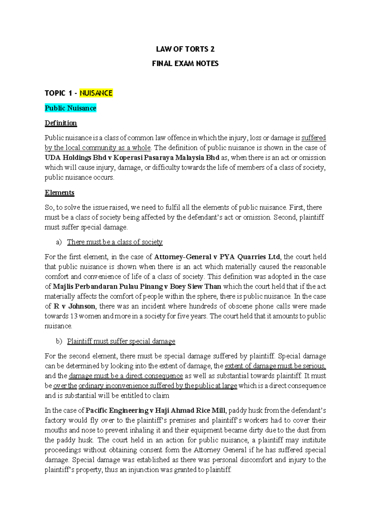 LAW OF TORTS 2 FINAL EXAM NOTES: PUBLIC NUISANCE OVERVIEW - Studocu
