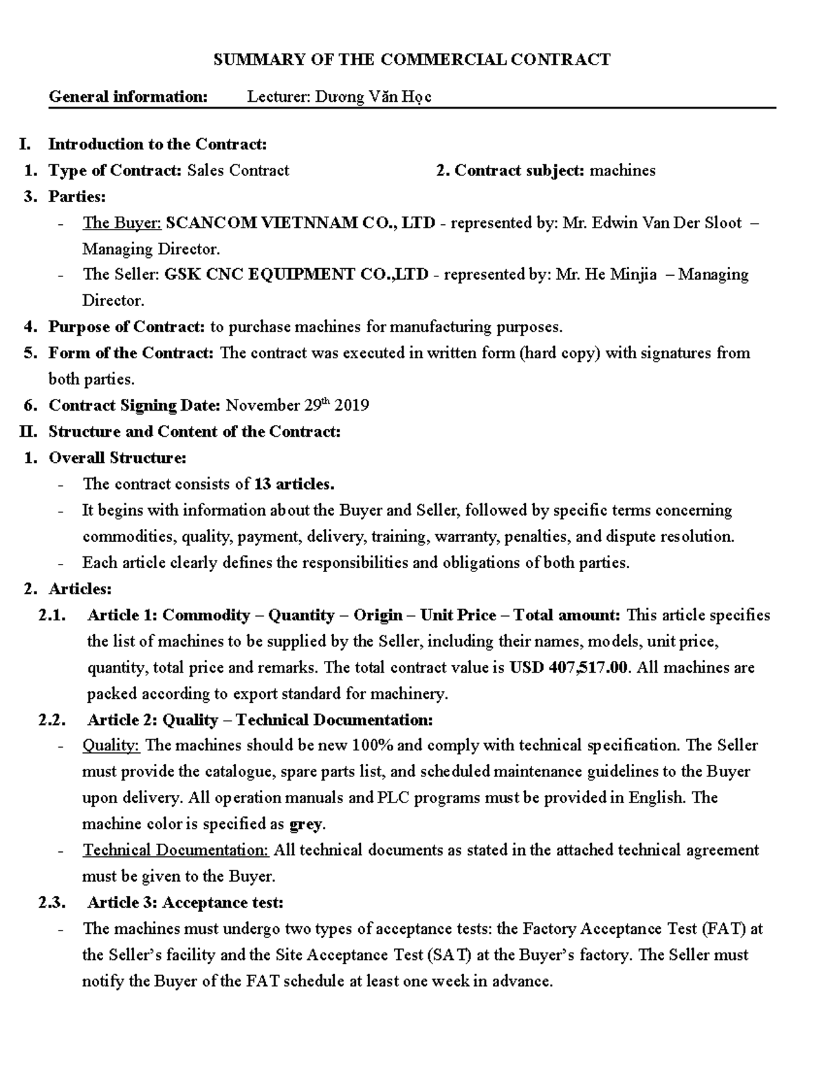 SUMMARY OF THE COMMERCIAL CONTRACT: Key Details and Structure - Studocu