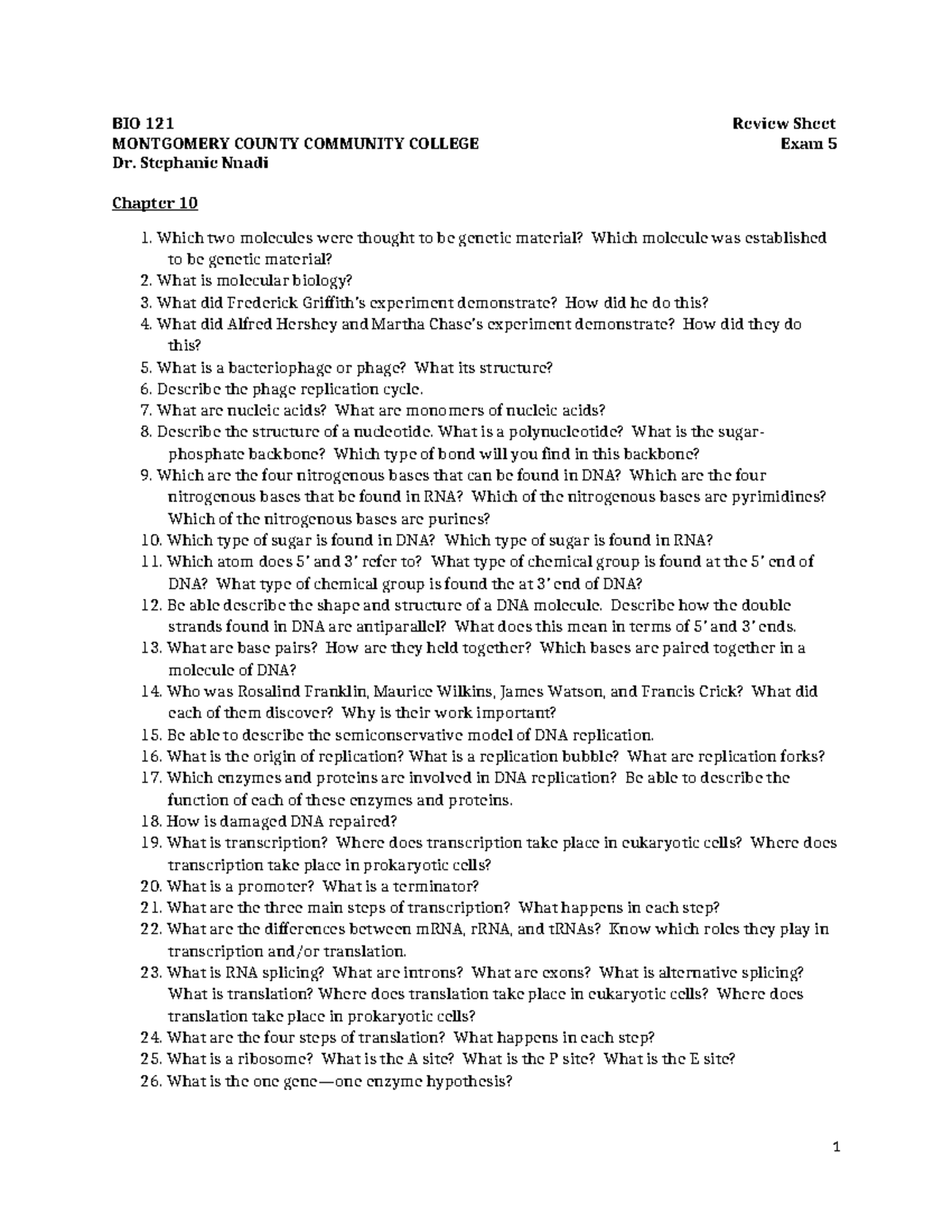 BIO 121 Exam 5 Comprehensive Review Sheet - Chapters 10-12 - Studocu