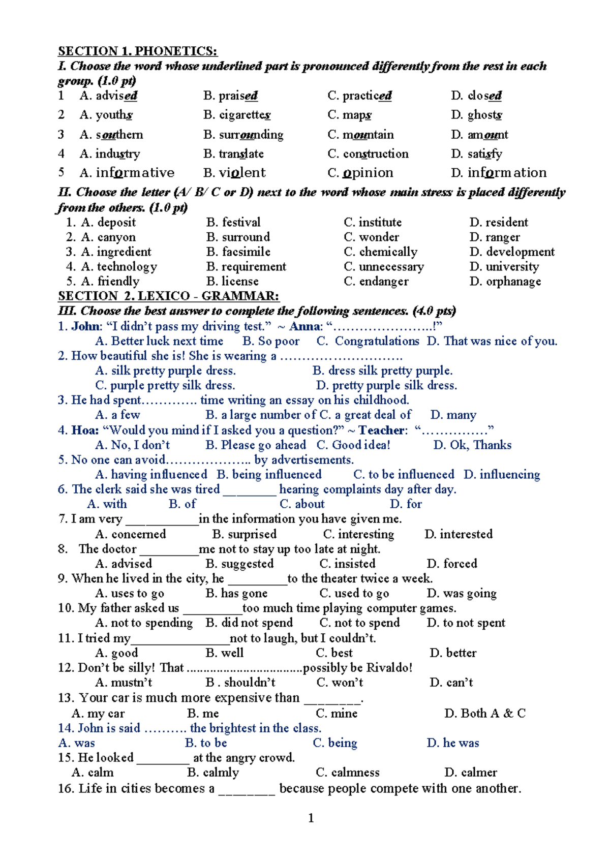 0742025 - Phonetics and Lexico Grammar Practice Test - Studocu