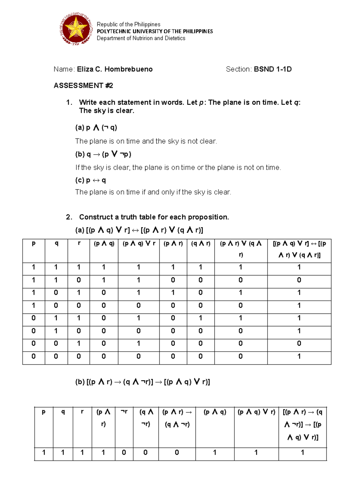 MMW Assessment 2 (Logic and Truth Tables) - Nutrition & Dietetics - Studocu