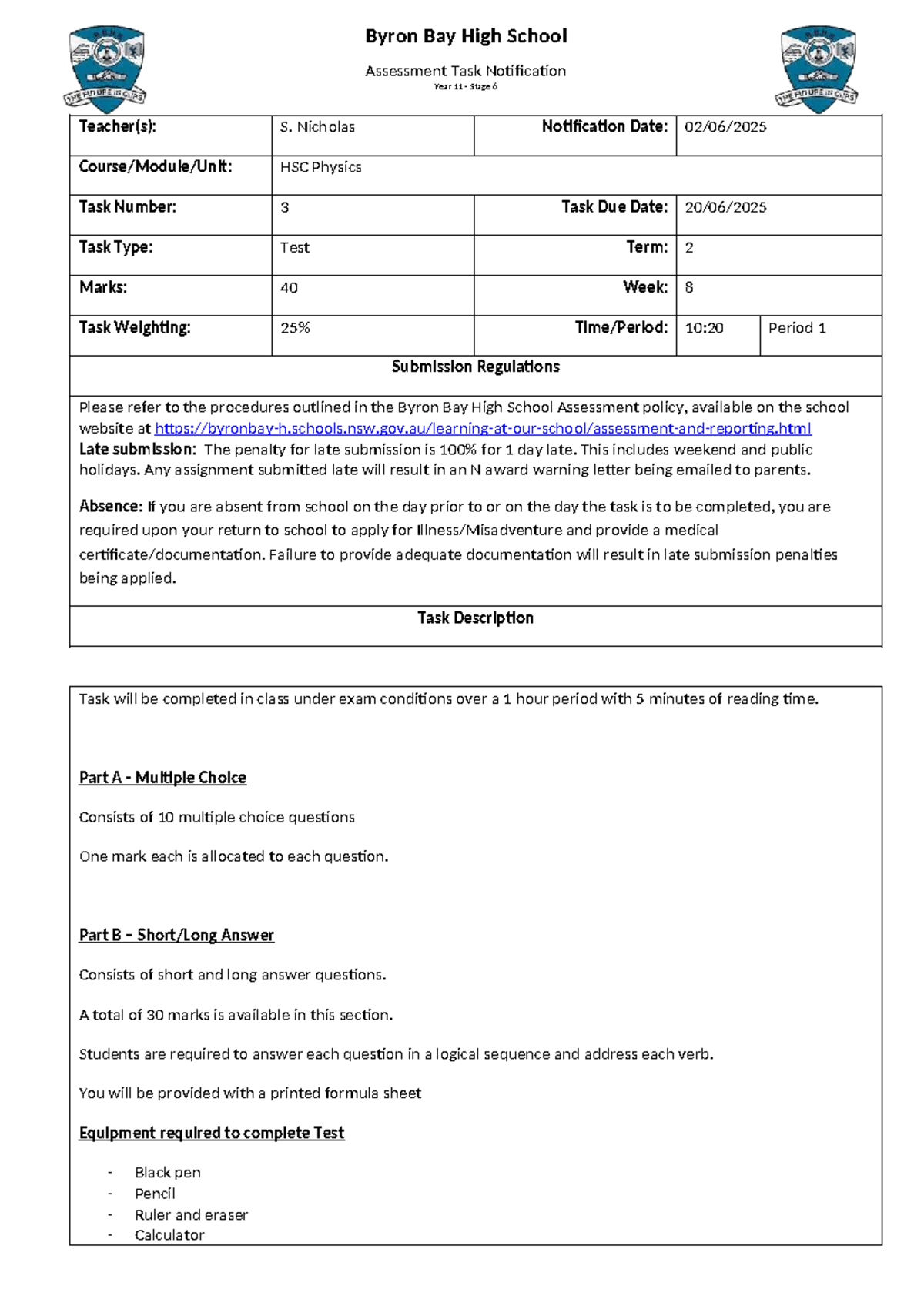 2025 HSC Physics Task 3 Assessment Notification - Year 11 Stage 6 - Studocu