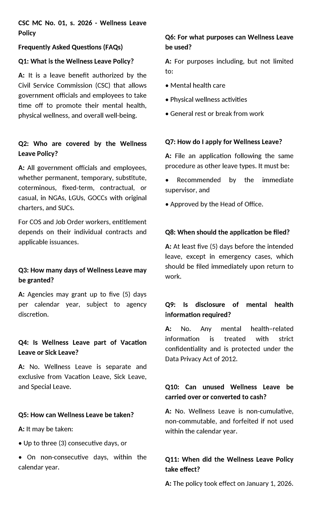 CSC MC No. 01, s. 2026 Wellness Leave Policy FAQs - Studocu