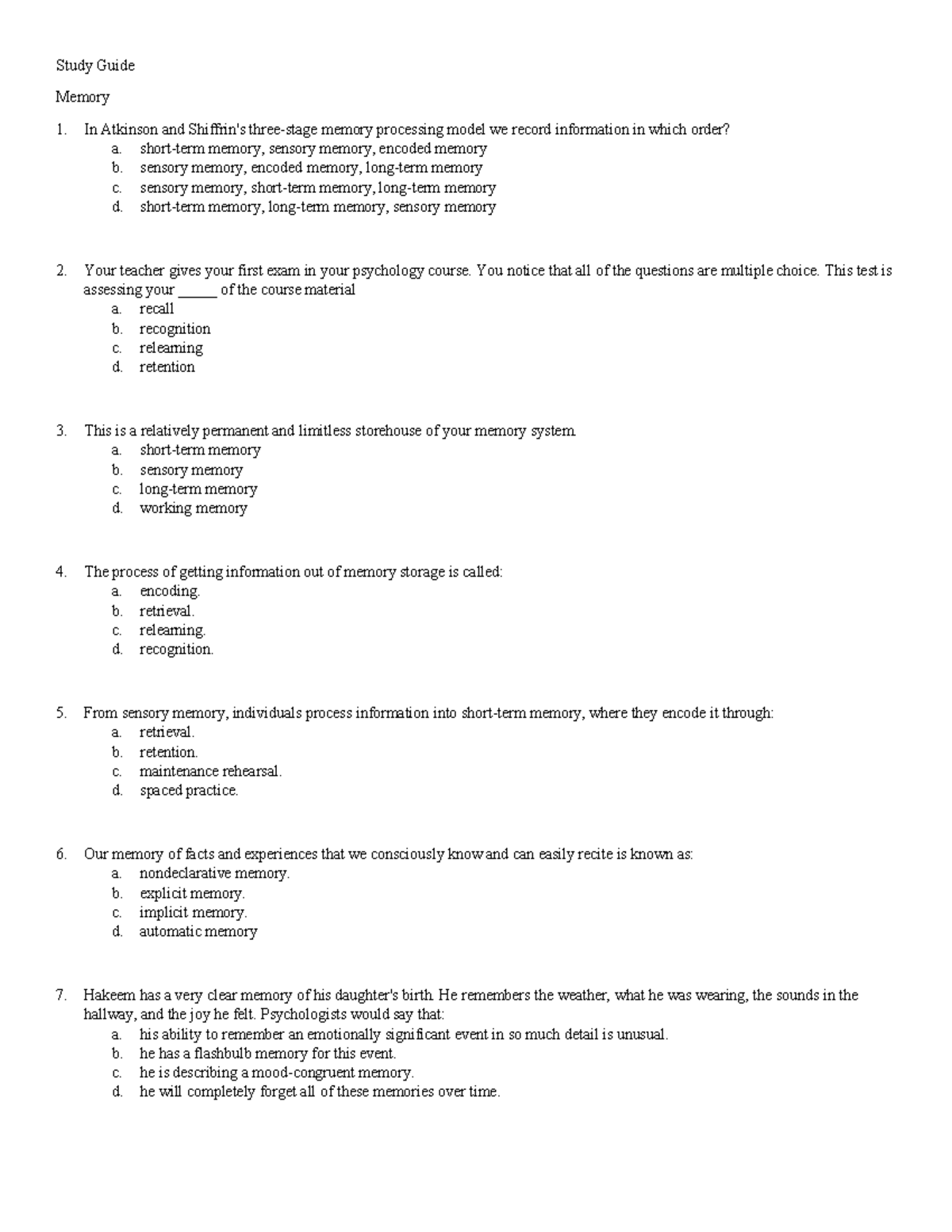 Psychology 101 Final Exam Study Guide: Memory Concepts - Studocu