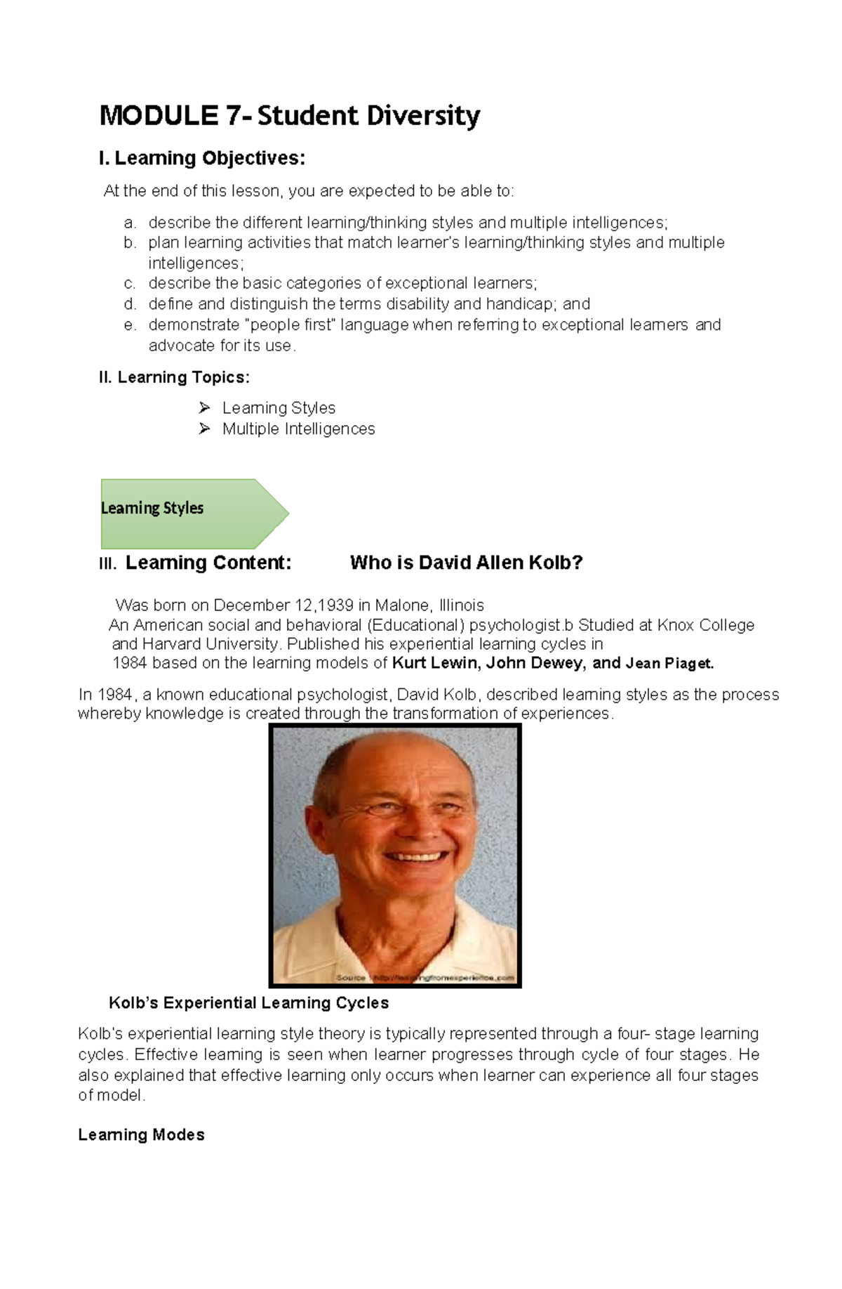 Module 6 - notes - Learning Styles MODULE 7- Student Diversity I ...