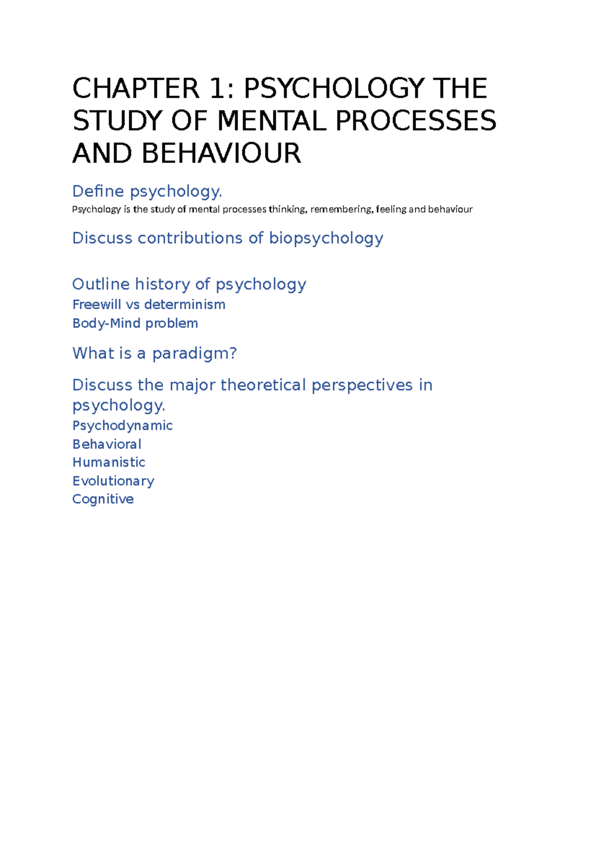 Chapter 1 - PSY141 - CHAPTER 1: PSYCHOLOGY THE STUDY OF MENTAL ...