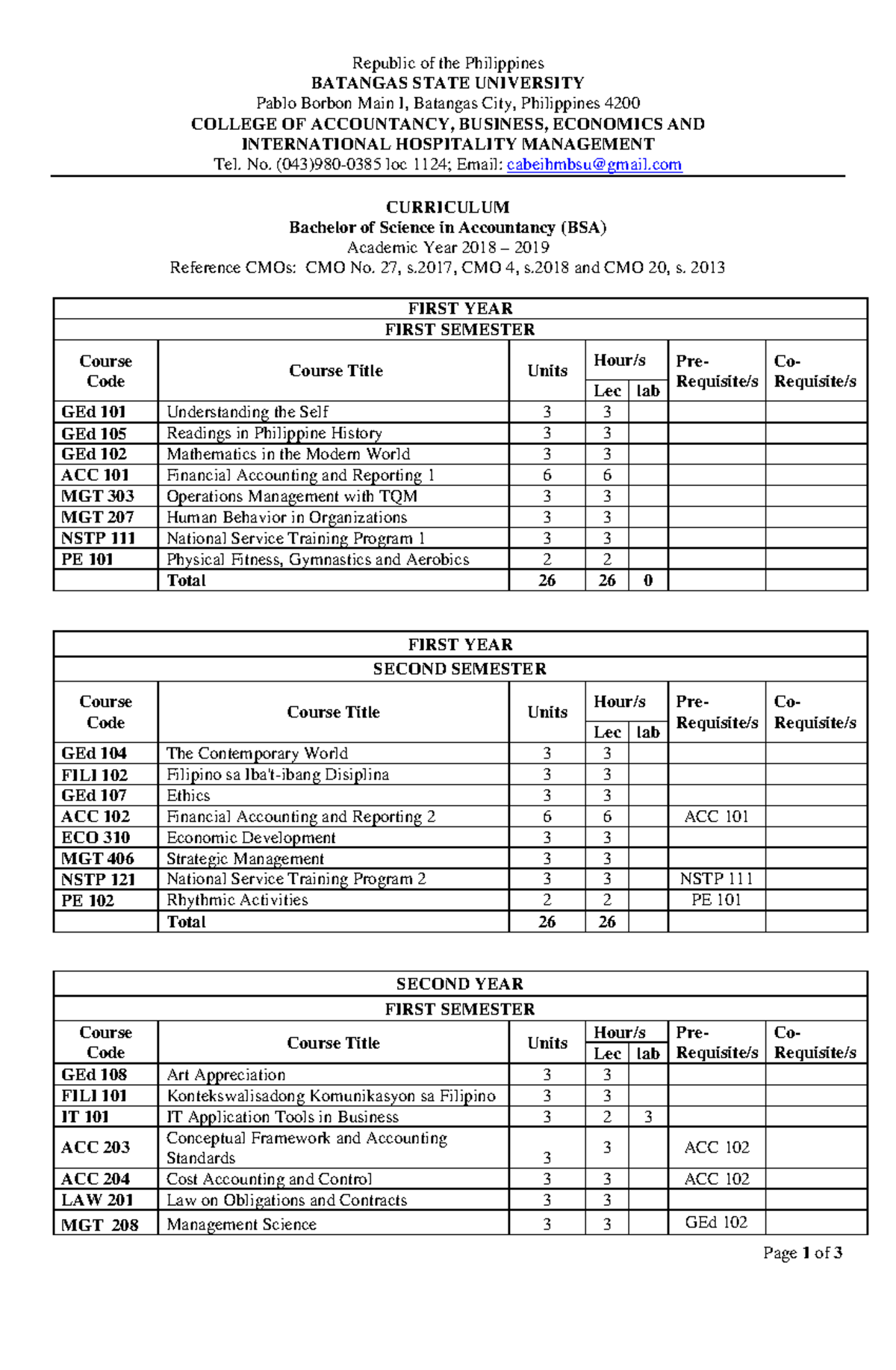 BSA Curriculum Breakdown for Bachelor of Science in Accountancy - Studocu