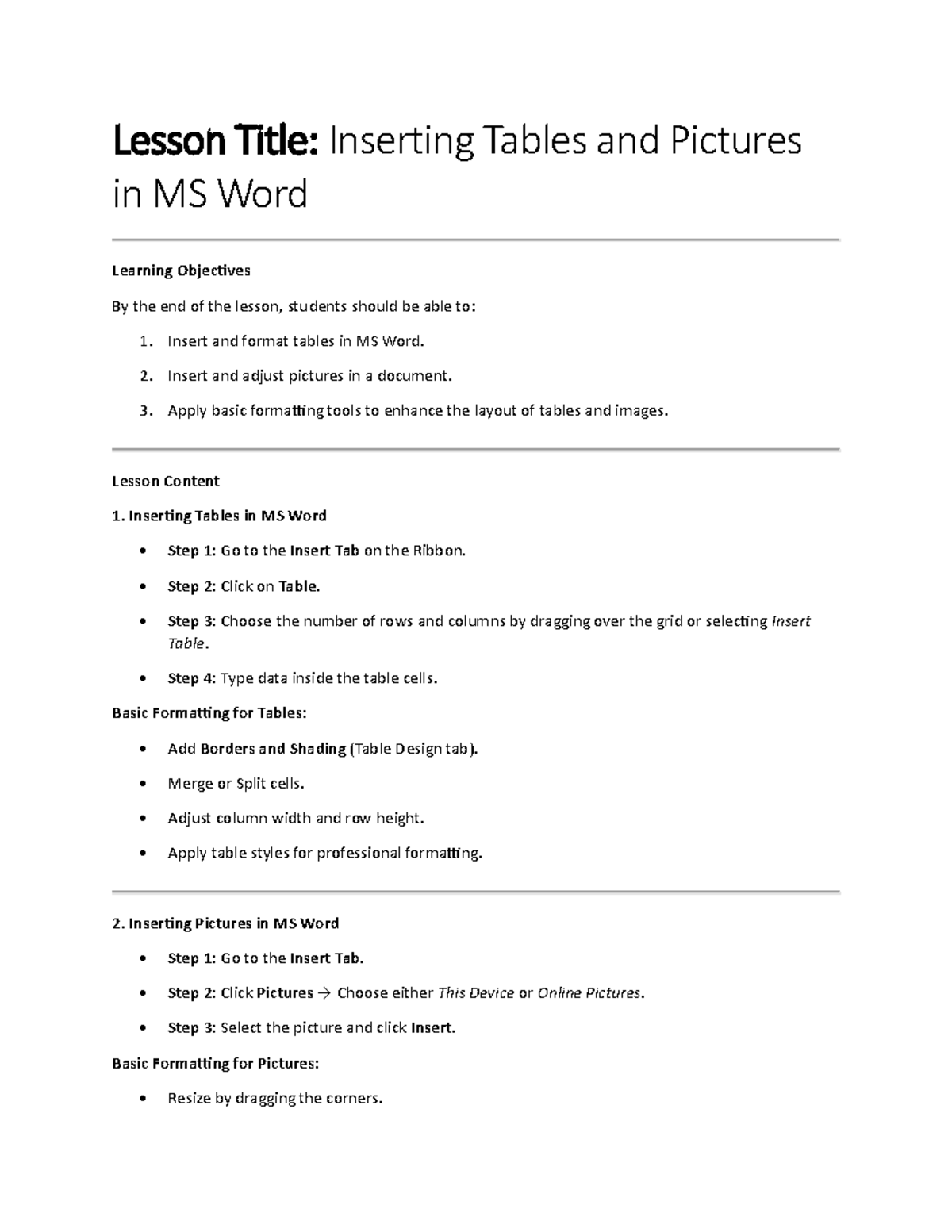 Lesson on Inserting Tables, Pictures, Headers, Footers & Page Numbers ...