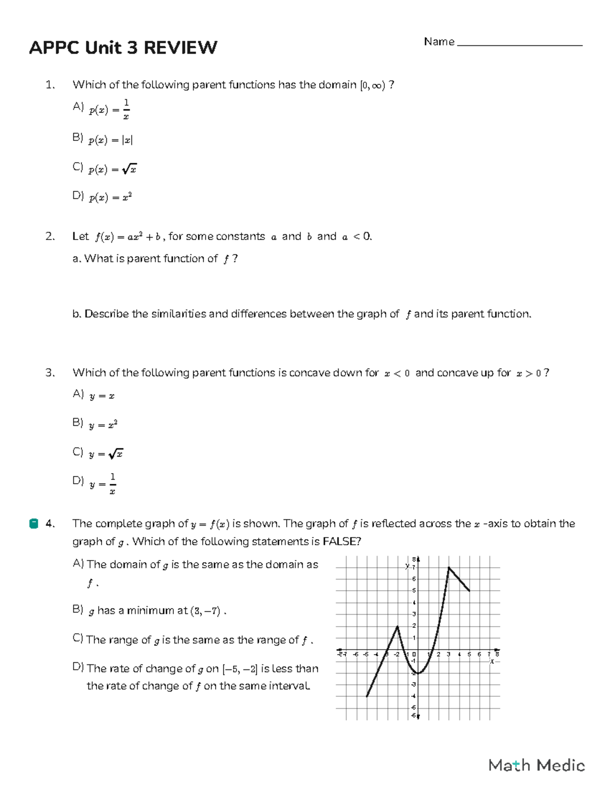 APPC UNIT 3 Review Worksheet: Parent Functions & Transformations - Studocu