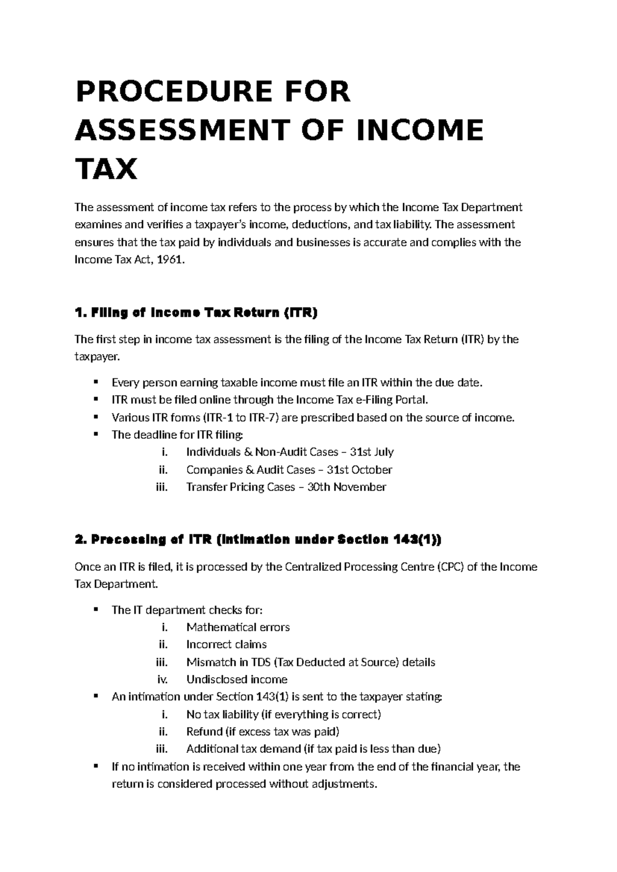 Procedure FOR Assessment OF Income TAX - PROCEDURE FOR ASSESSMENT OF ...