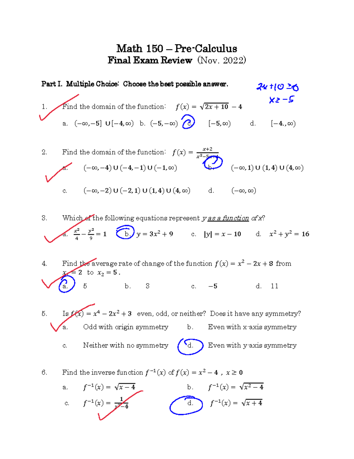 Math 150 Final Exam Review (Nov. 2022) - Multiple Choice Questions ...