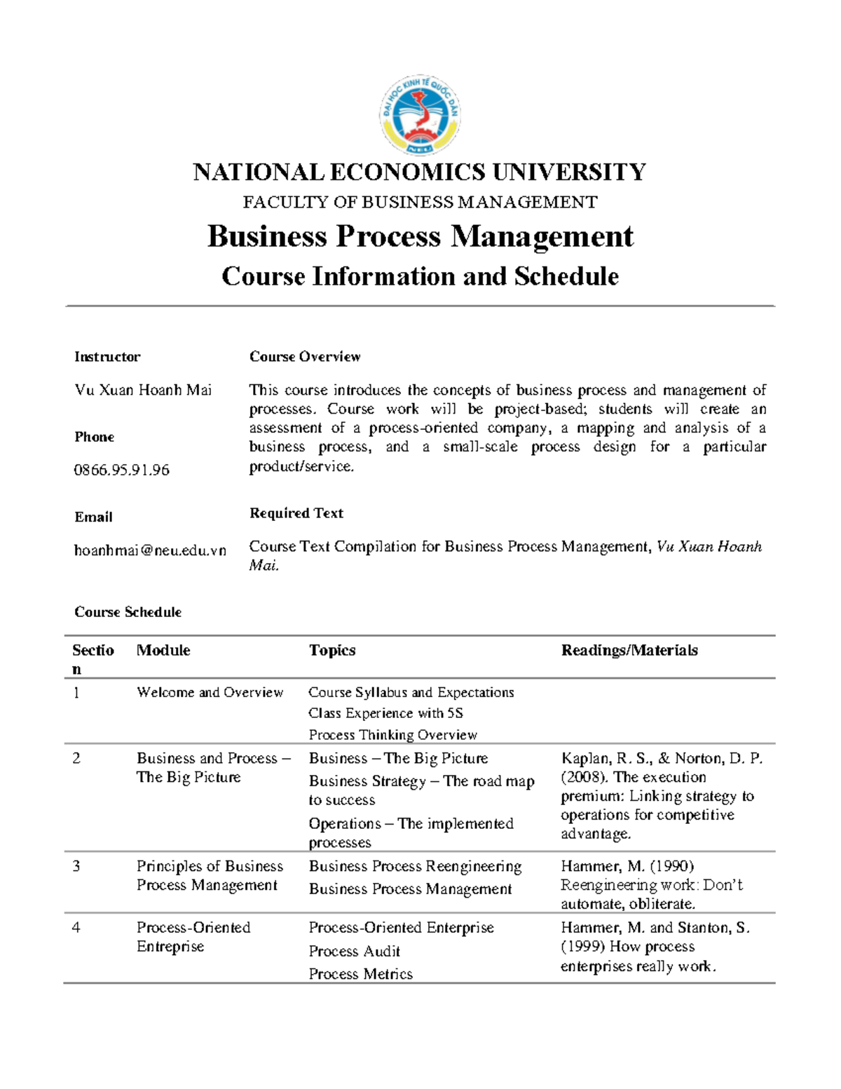 0.1. BPM Course Info and Schedule - NATIONAL ECONOMICS UNIVERSITY ...
