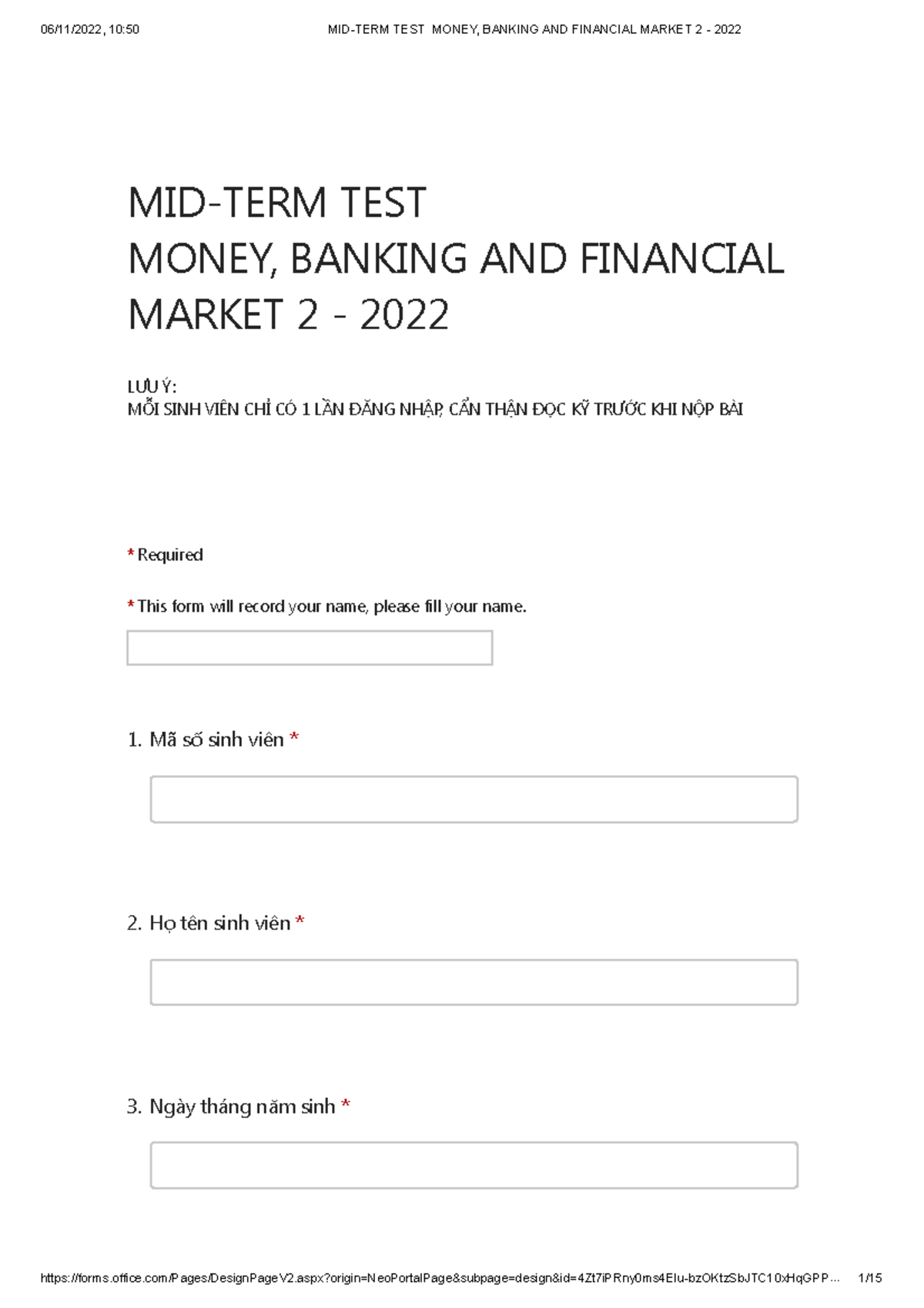 MIDTERM TEST Money Banking & Financial Market 2 - 2022 Exam Guide - Studocu