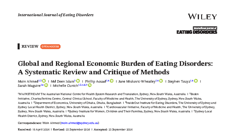 Global Economic Burden of Eating Disorders: A Systematic Review (2024 ...