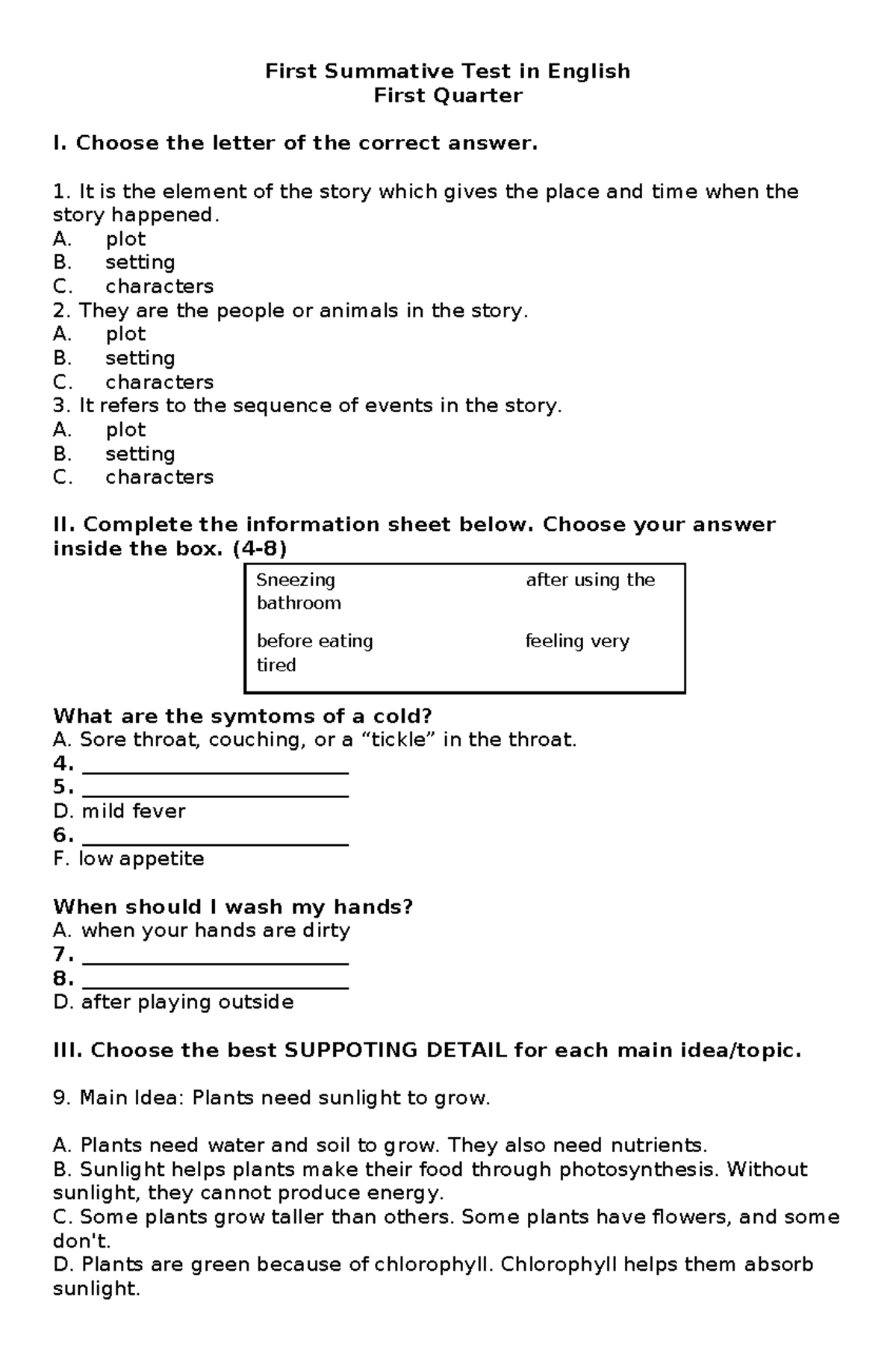 First Summative Test in English 1st Quarter: Answer Key & Details - Studocu