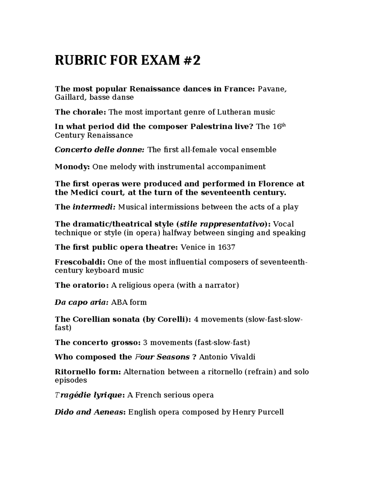 MUS 101: Music History Exam Study Guide - Renaissance to Romantic - Studocu