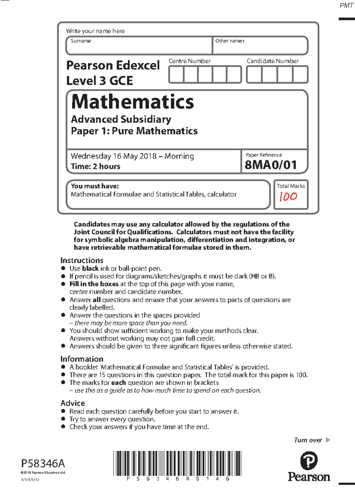Mathematics Level 3 GCE AS Paper 1: Pure Mathematics June 2018 QP - Studocu