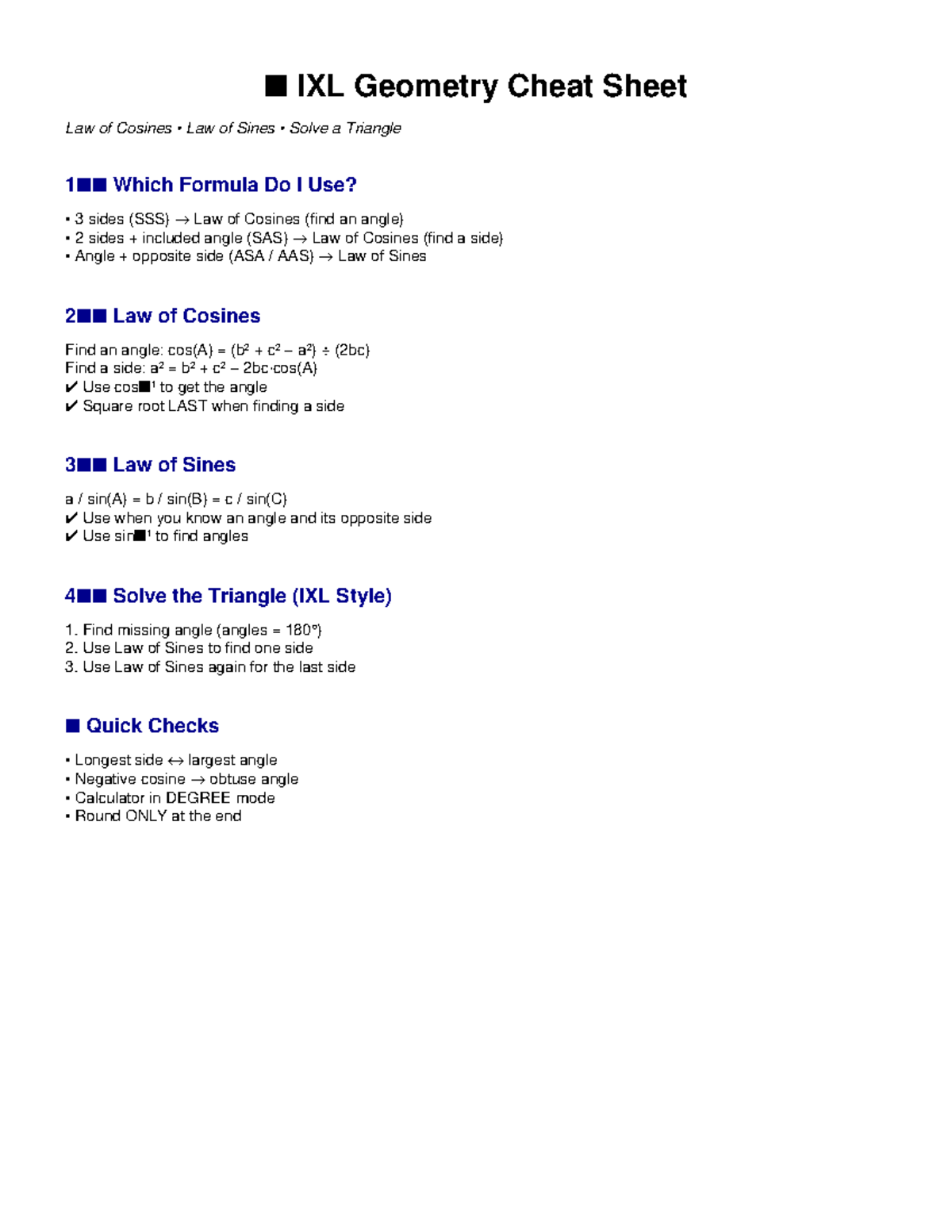 IXL Geometry Cheat Sheet: Law of Cosines & Sines Guide - Studocu