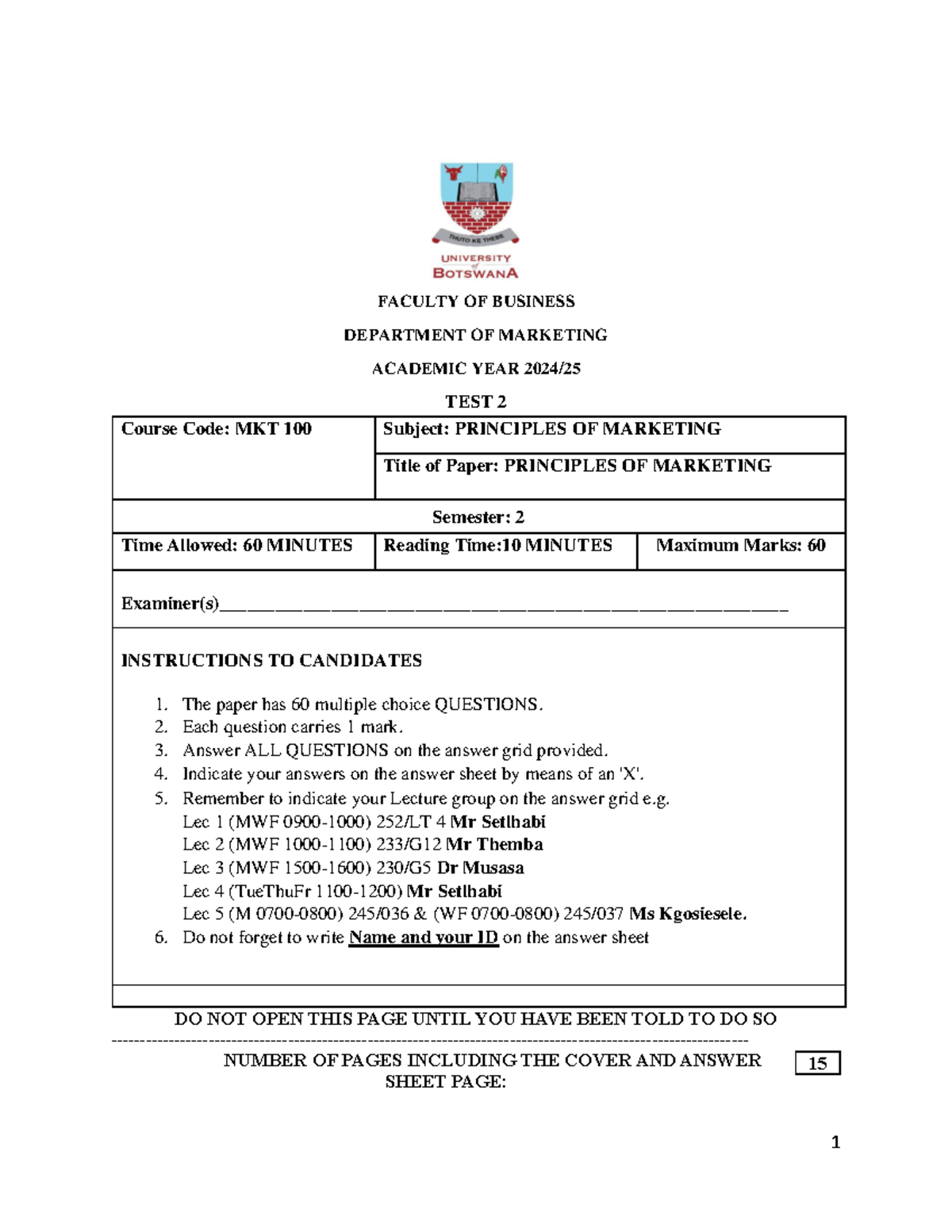 MKT 100 Test 2: Principles of Marketing Exam Questions and Instructions ...