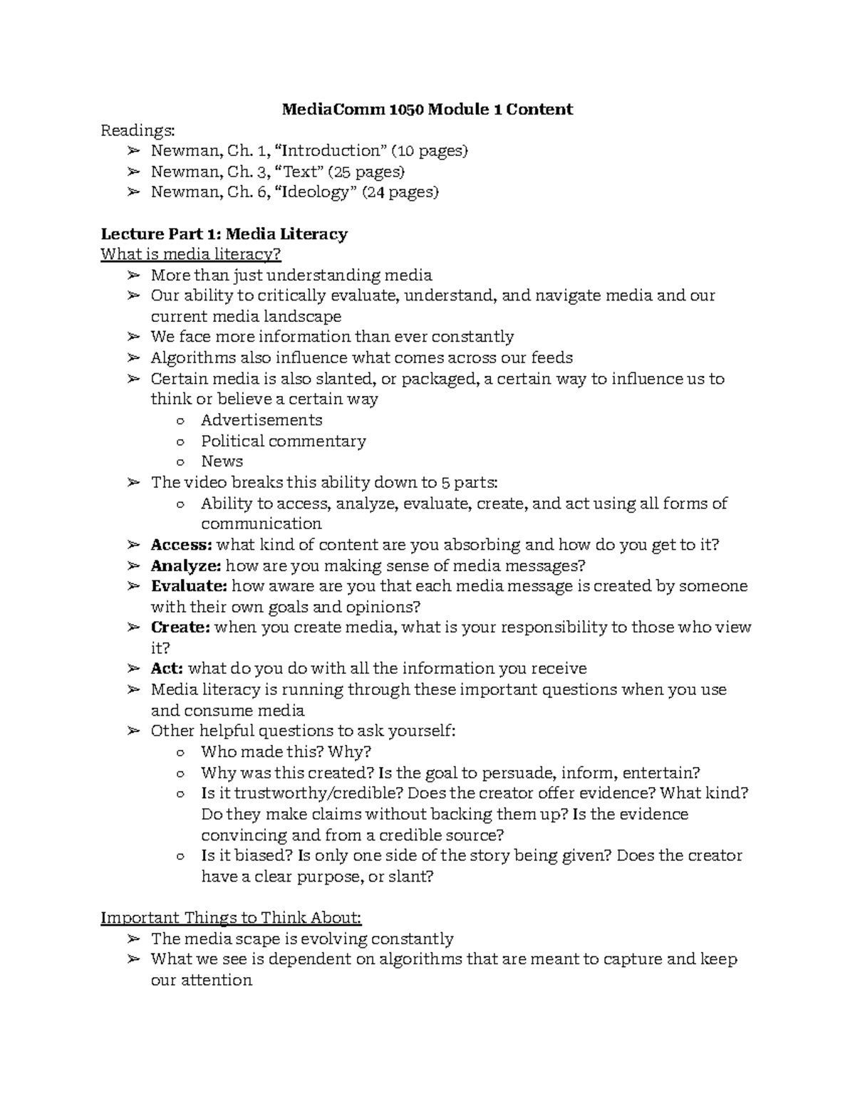 MediaComm 1050 Lecture Notes: Media Literacy & Ideology Analysis - Studocu