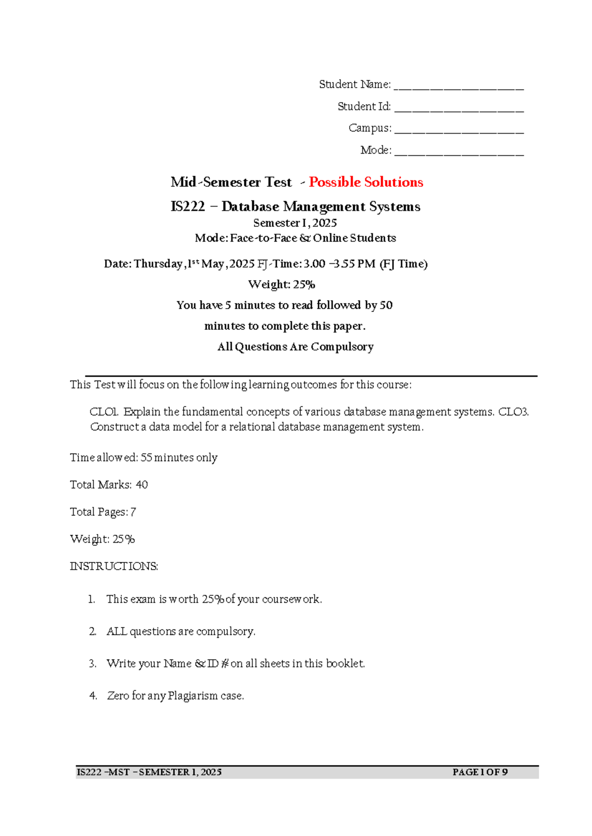 MST IS222 S1 2025 Test Possible Solutions for Database Management ...