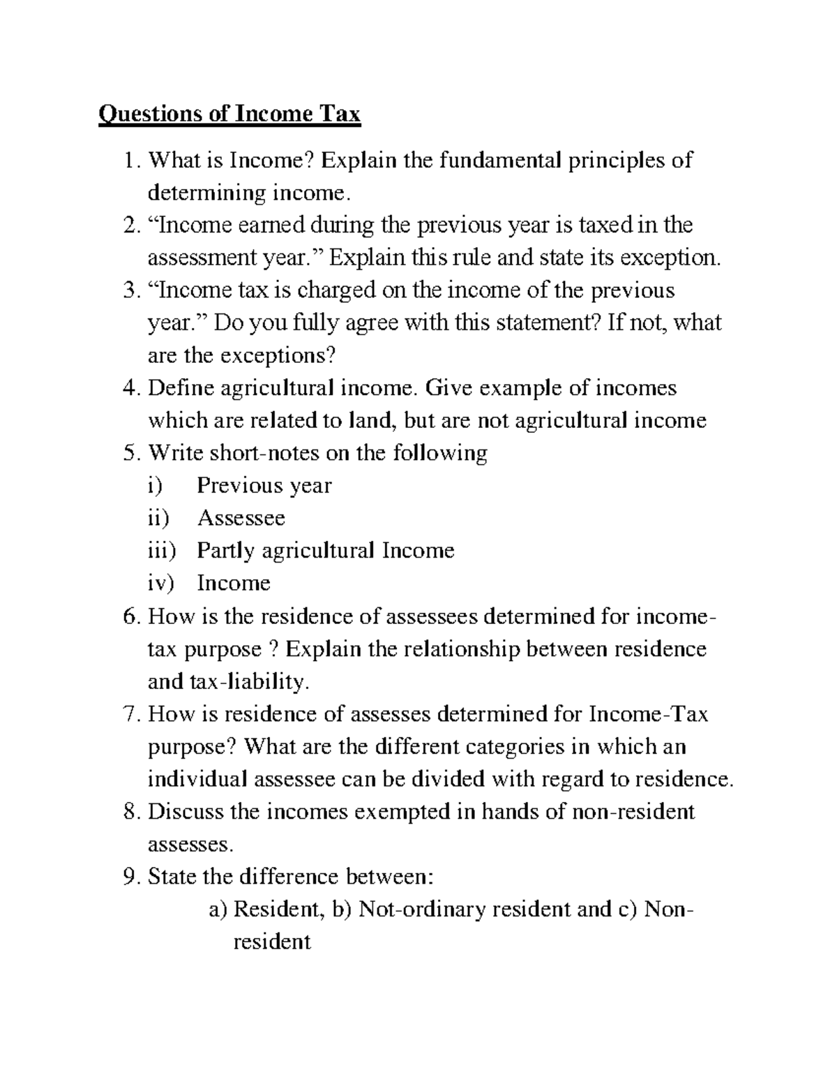Theory Questions on Income Tax - Key Concepts & Principles - Studocu