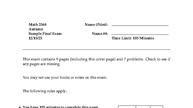 Math 2568 Autumn Sample Final Exam - 105 Min Time Limit - Studocu
