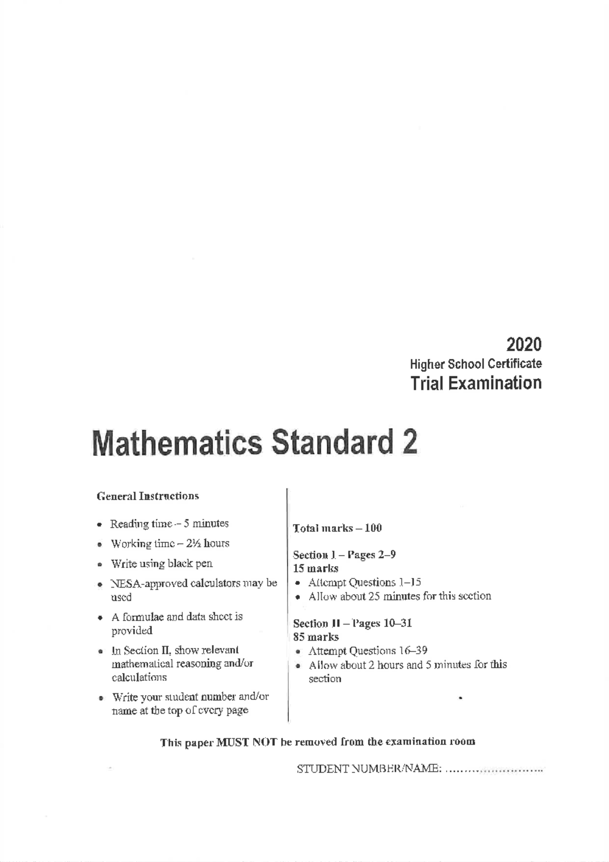 2020 HSC Trial Exam: Mathematics Standard 2 Instructions & Questions ...