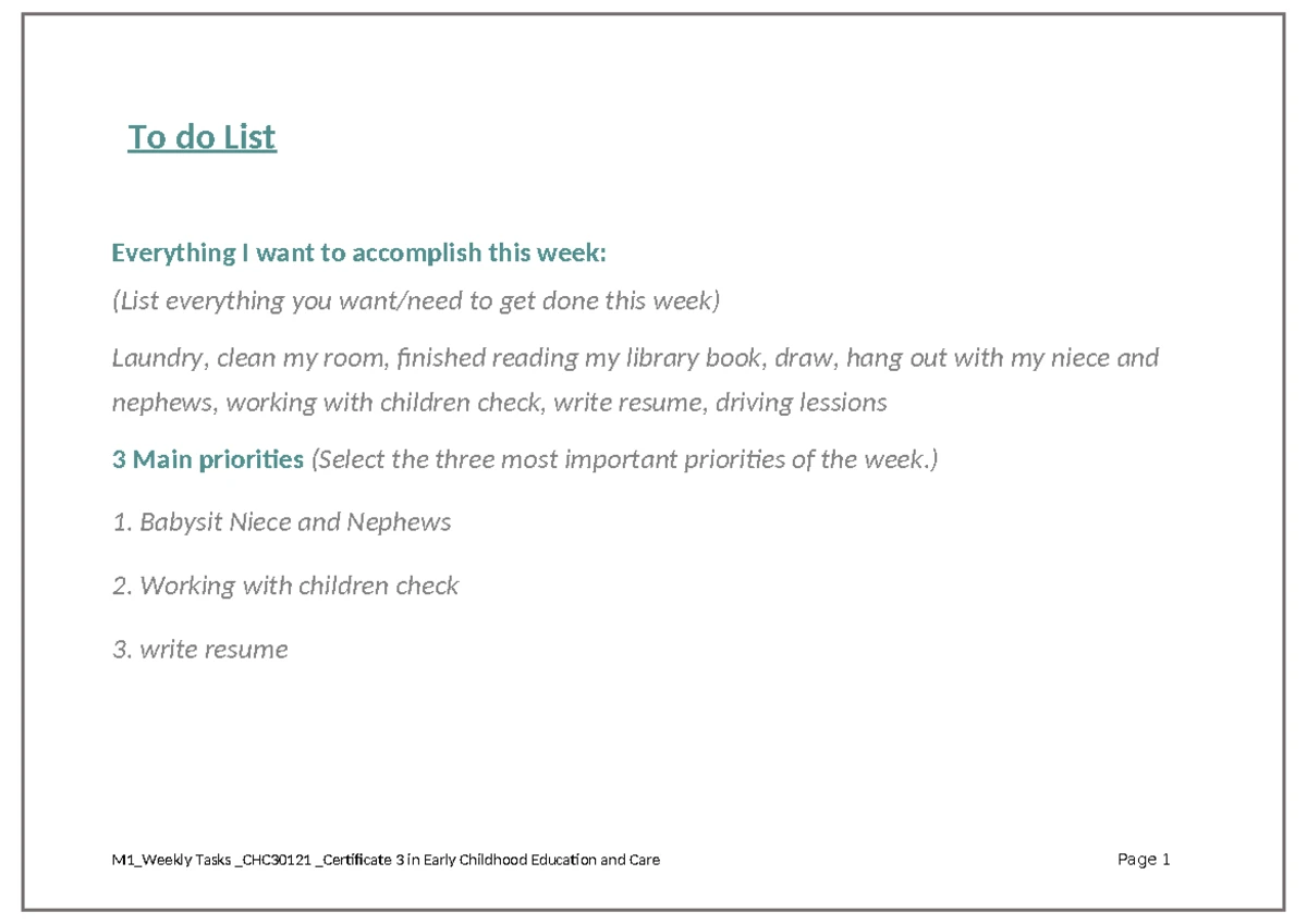 M1_Weekly Planner_CHC30121_Certificate 3 in Early Childhood Education ...