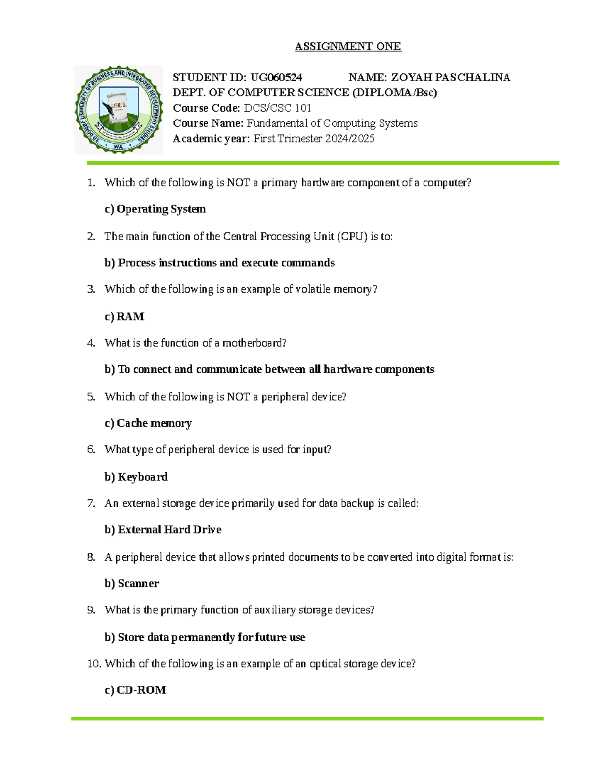 Assignment 101: Fundamental of Computing Systems - Quiz Notes - Studocu