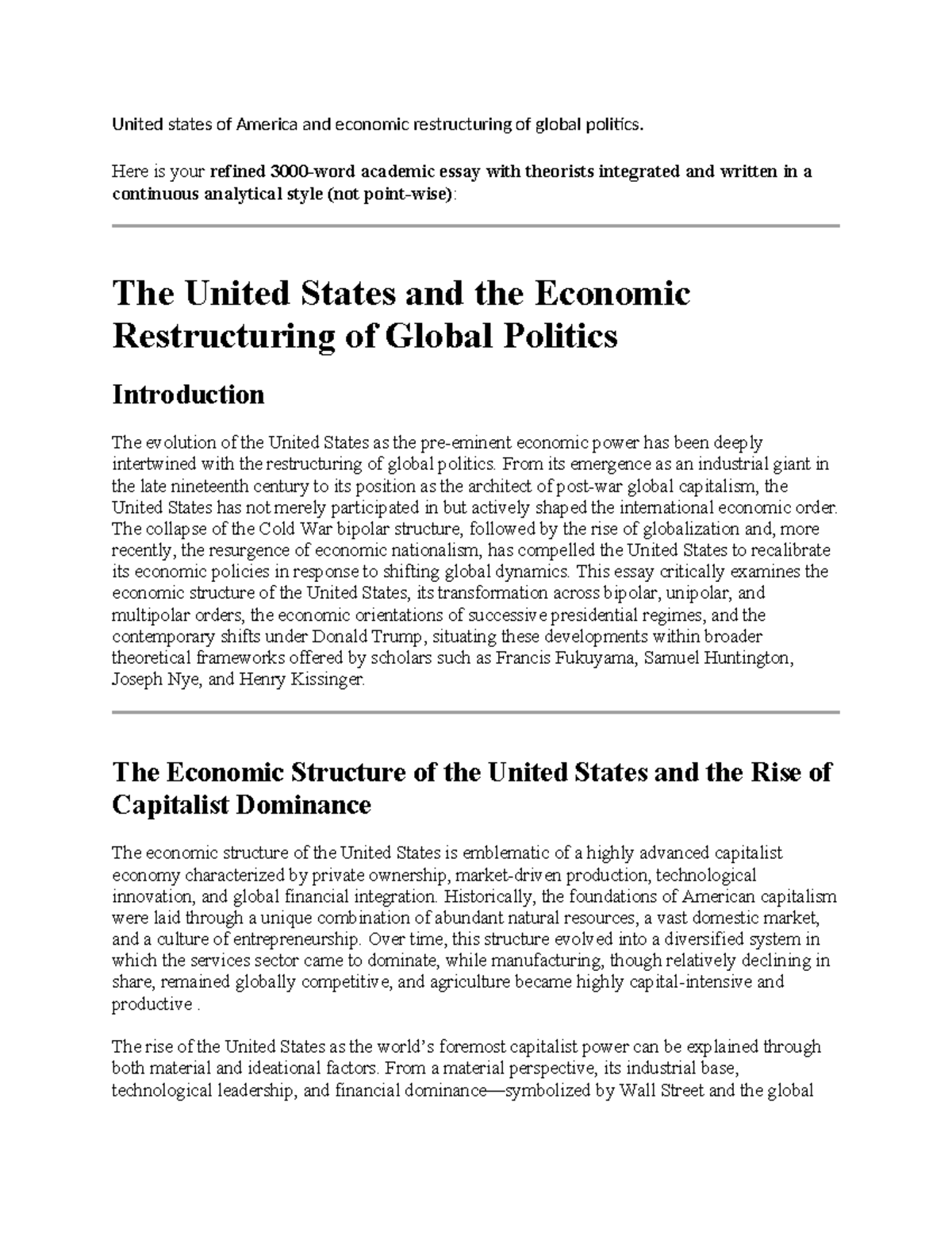 US Economic Restructuring and Global Political Dynamics Analysis - Studocu