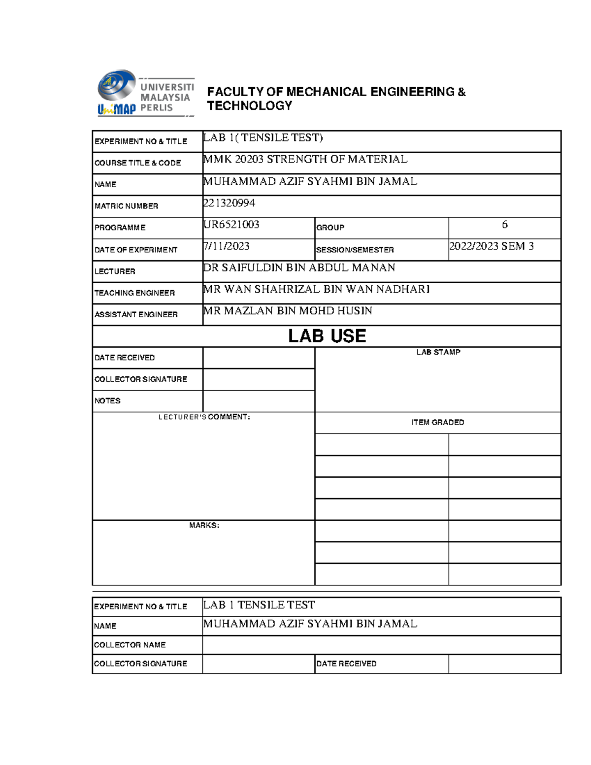 LAB 1 Report: Tensile Test Analysis for MMK 20203 Strength of Materials ...