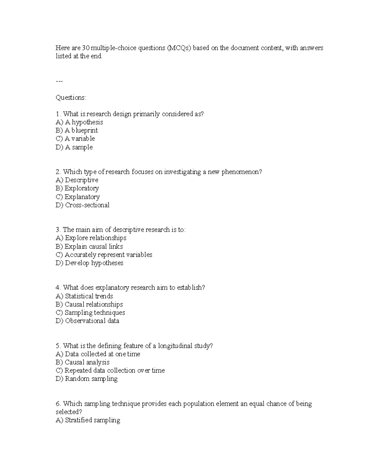 Brm question 4and5 BRM - Here are 30 multiple-choice questions (MCQs ...