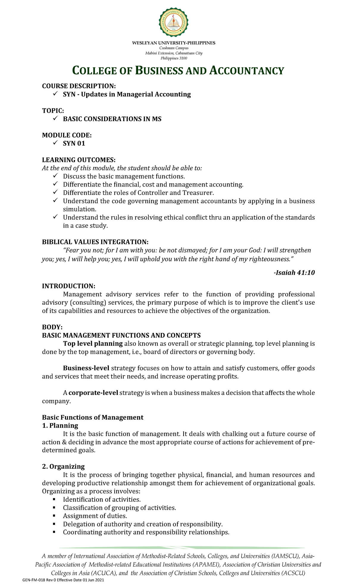 SYN 01 - Basic Considerations in MS - COURSE DESCRIPTION: ü SYN ...