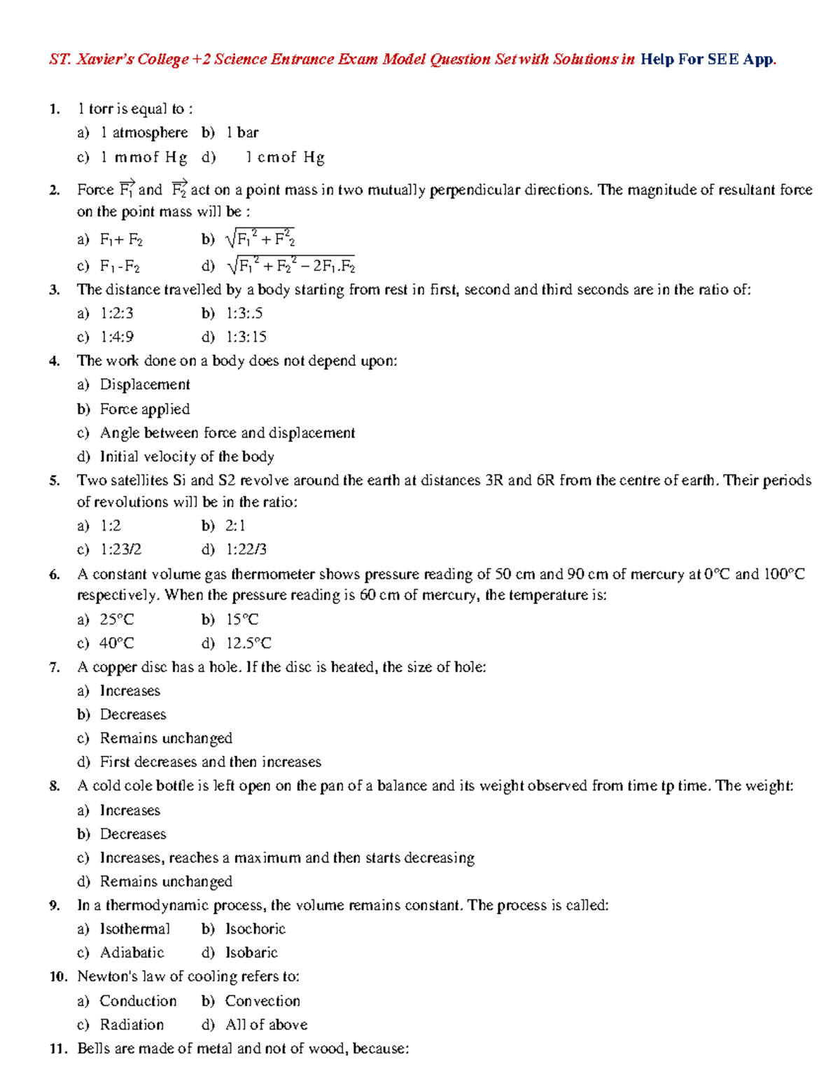 ST. College Science Entrance Exam Model Q&A Set with Solutions - Studocu