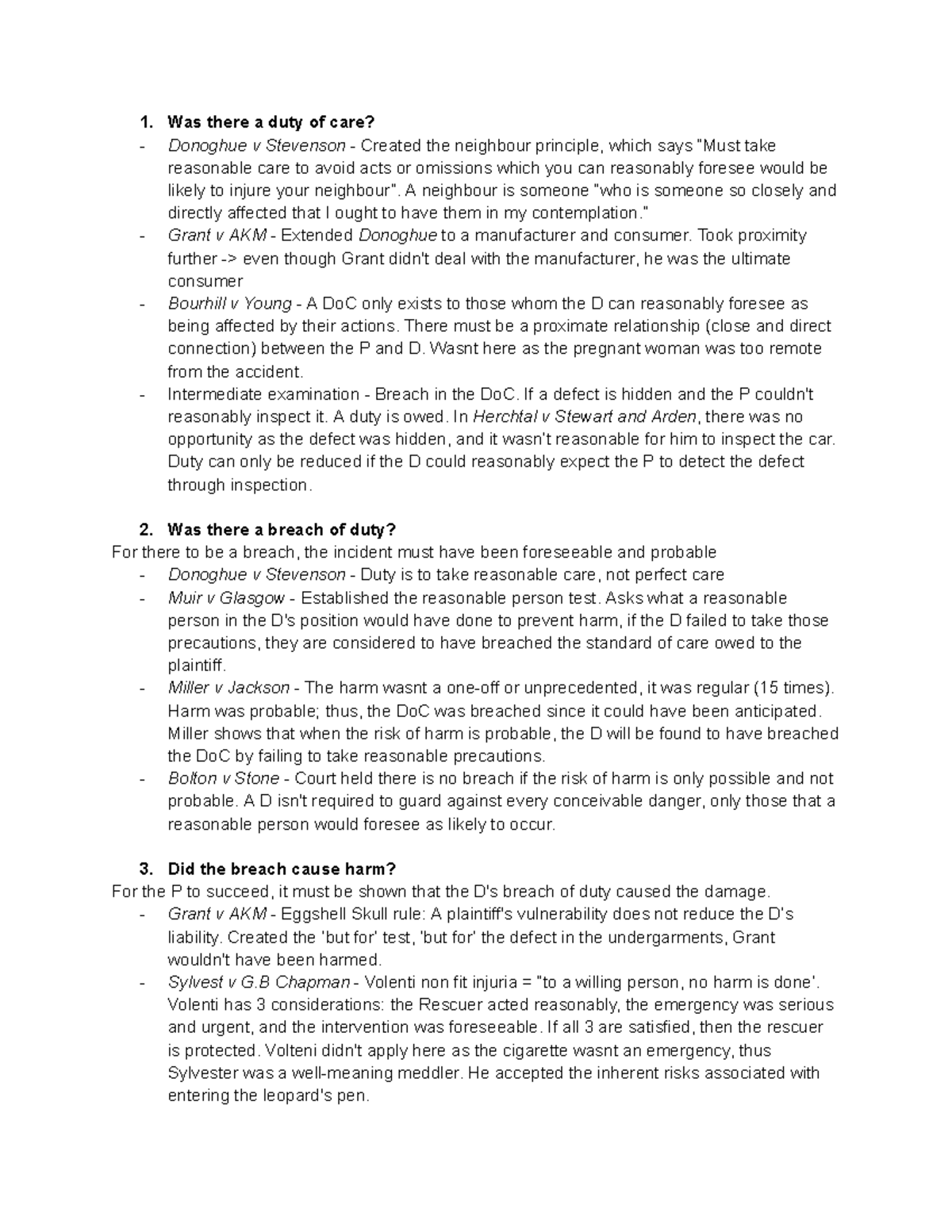 Negligence Case Law Cheat Sheet: Key Principles & Cases - Studocu