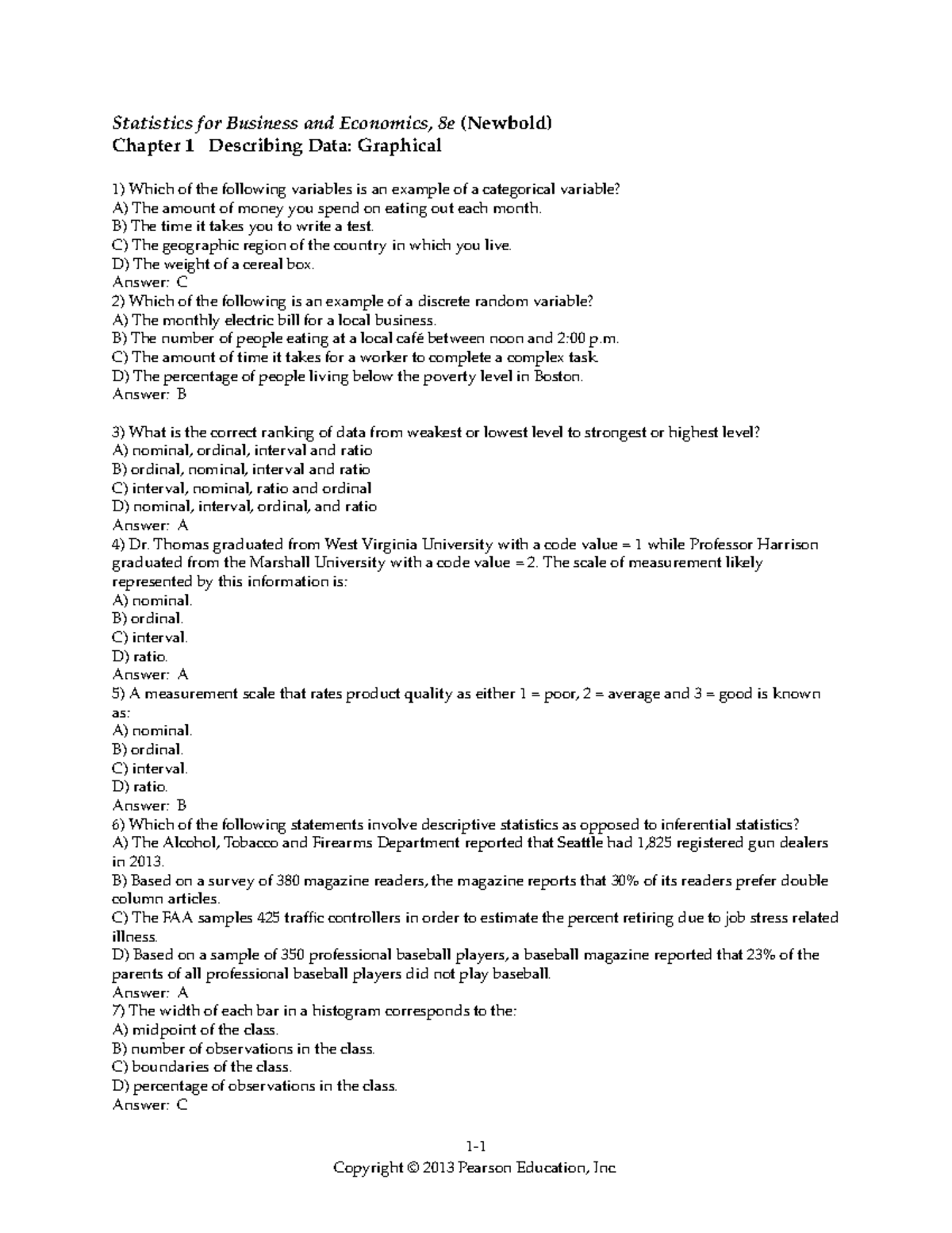 Practice Problems Ch 1 - Statistical Concepts Mini Test Bank (with ...