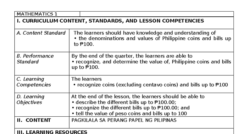 Lesson PLAN SDO MATI - MATHEMATICS 1 I. CURRICULUM CONTENT, STANDARDS ...