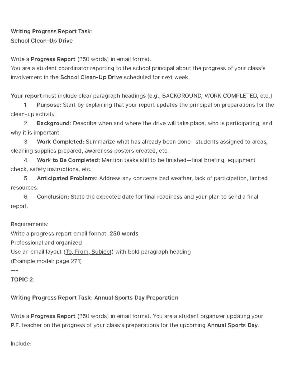Writing Progress Report Task: School Drive & Sports Day Prep - Studocu