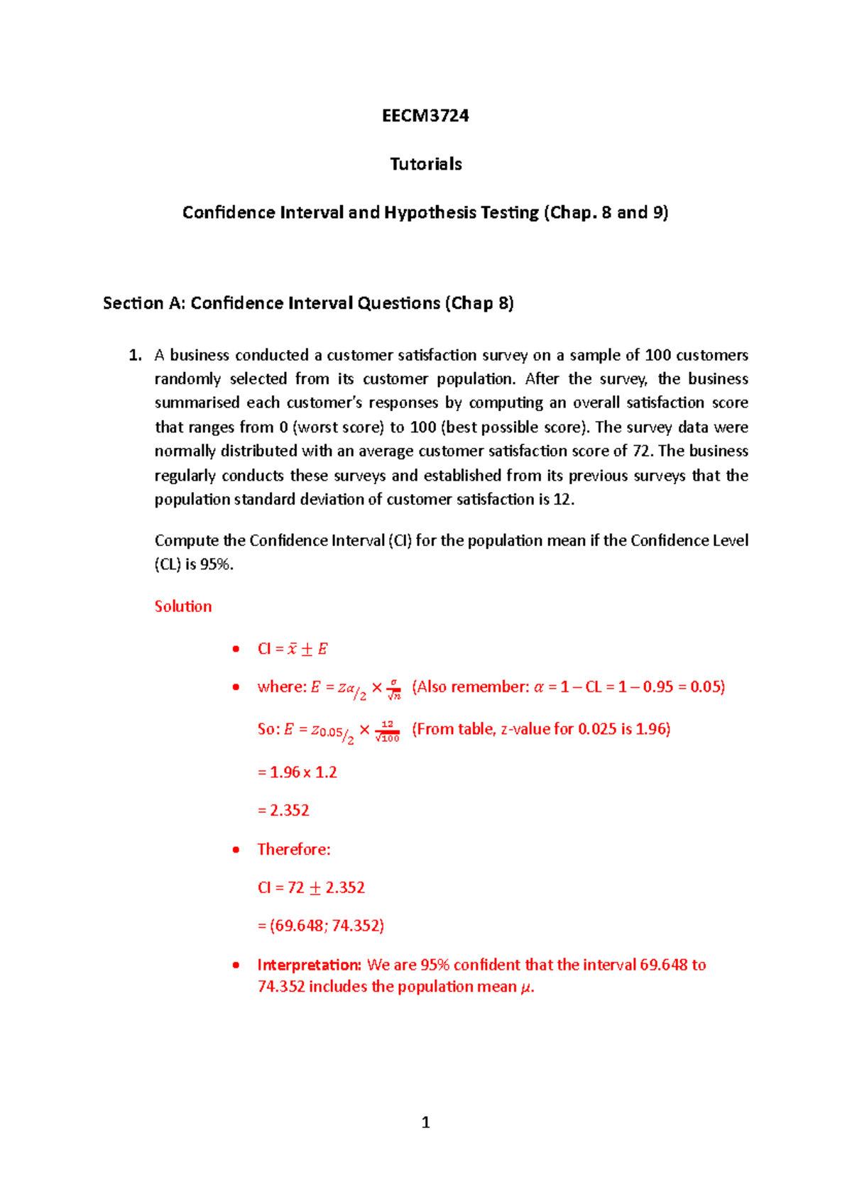 EECM3724 Tutorial Questions on Confidence Intervals & Hypothesis ...