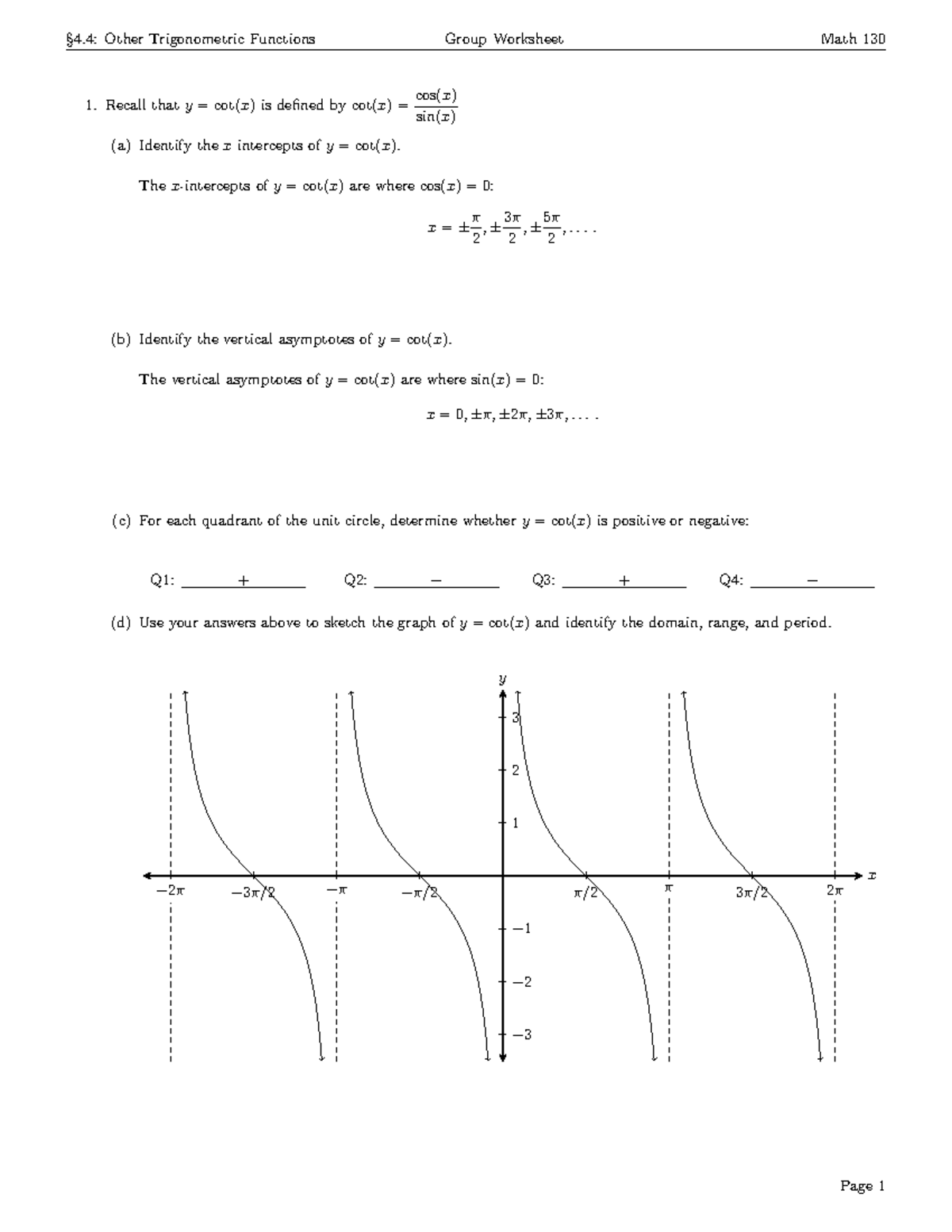 Math 130 Group Worksheet: Other Trigonometric Functions - Studocu